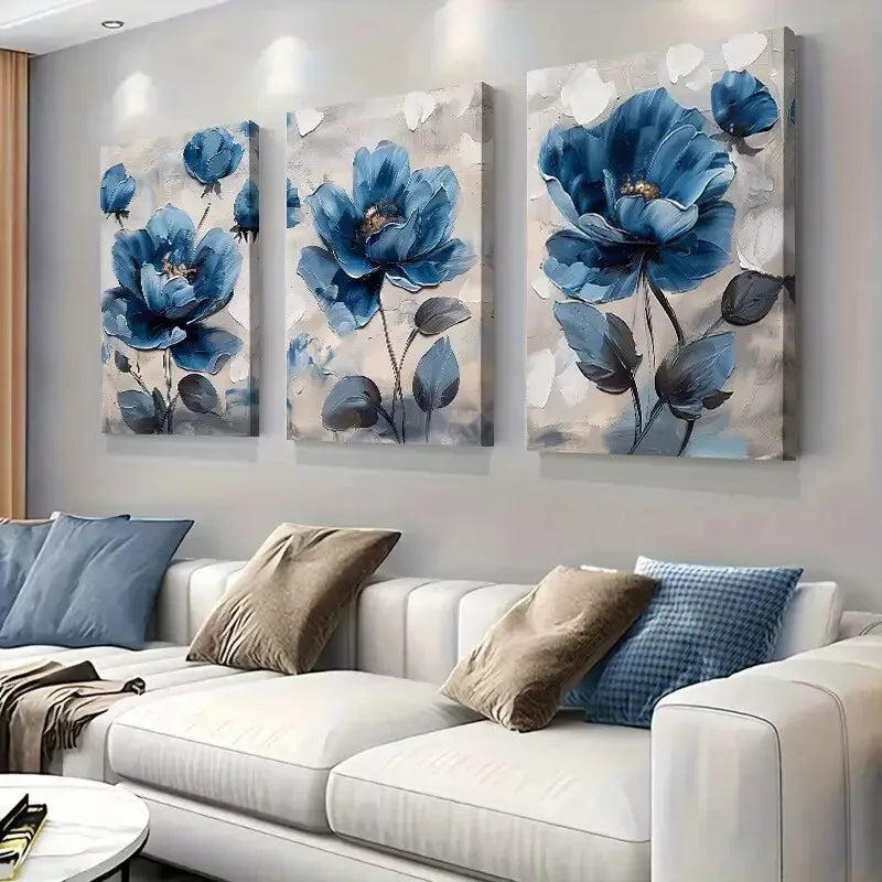 3-Piece Abstract Blue Flowers Modern Art Canvas Set - 50x70cm Framed Wall Decor | High-Quality Print, 100% Australian Made | Ready to Hang for Living Room, Bedroom & Office Decor
