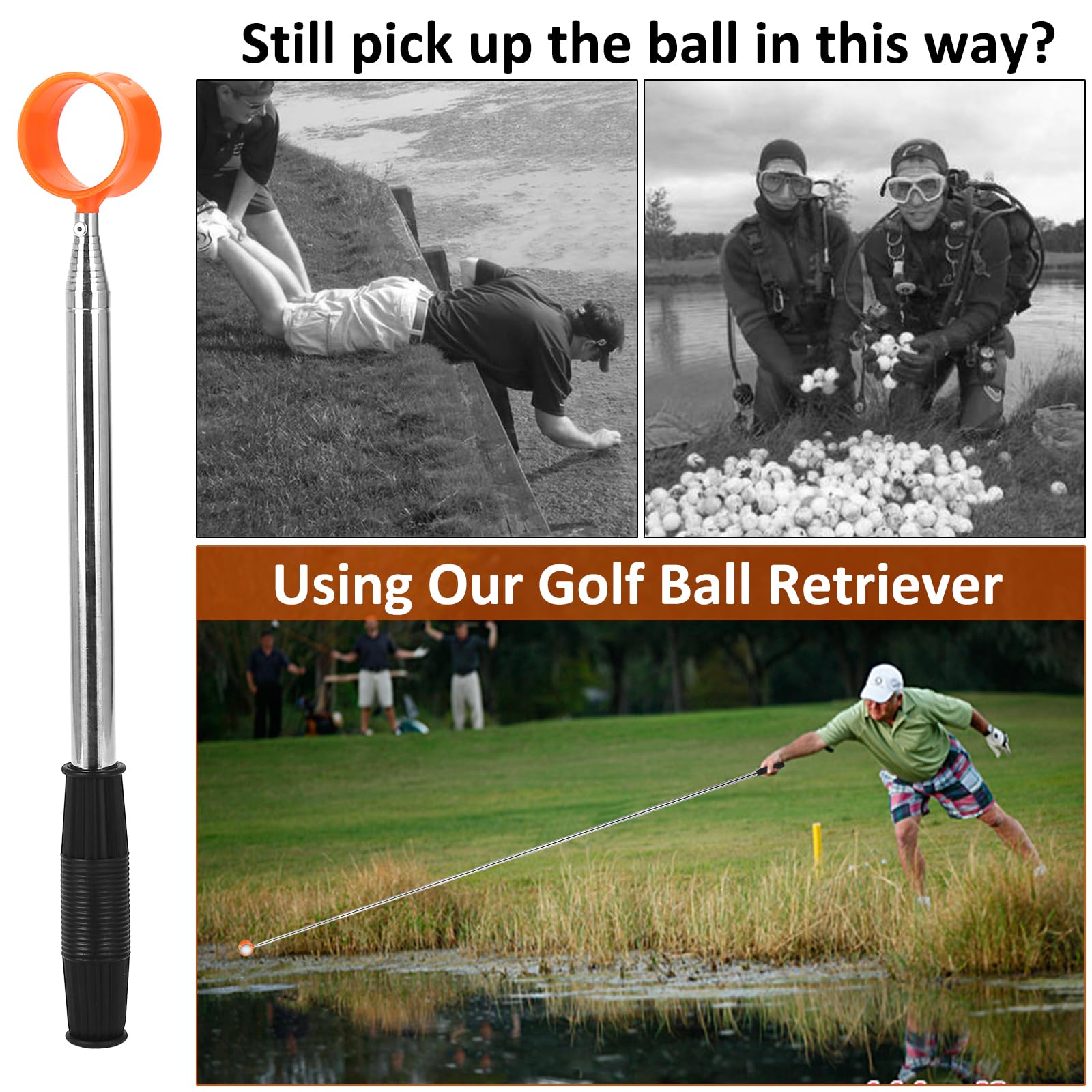 9FT Telescopic Golf Ball Retriever - Lightweight Aluminum Alloy Golf Accessory for Men | Perfect for Water Hazards, Rough Terrain & Lost Ball Recovery