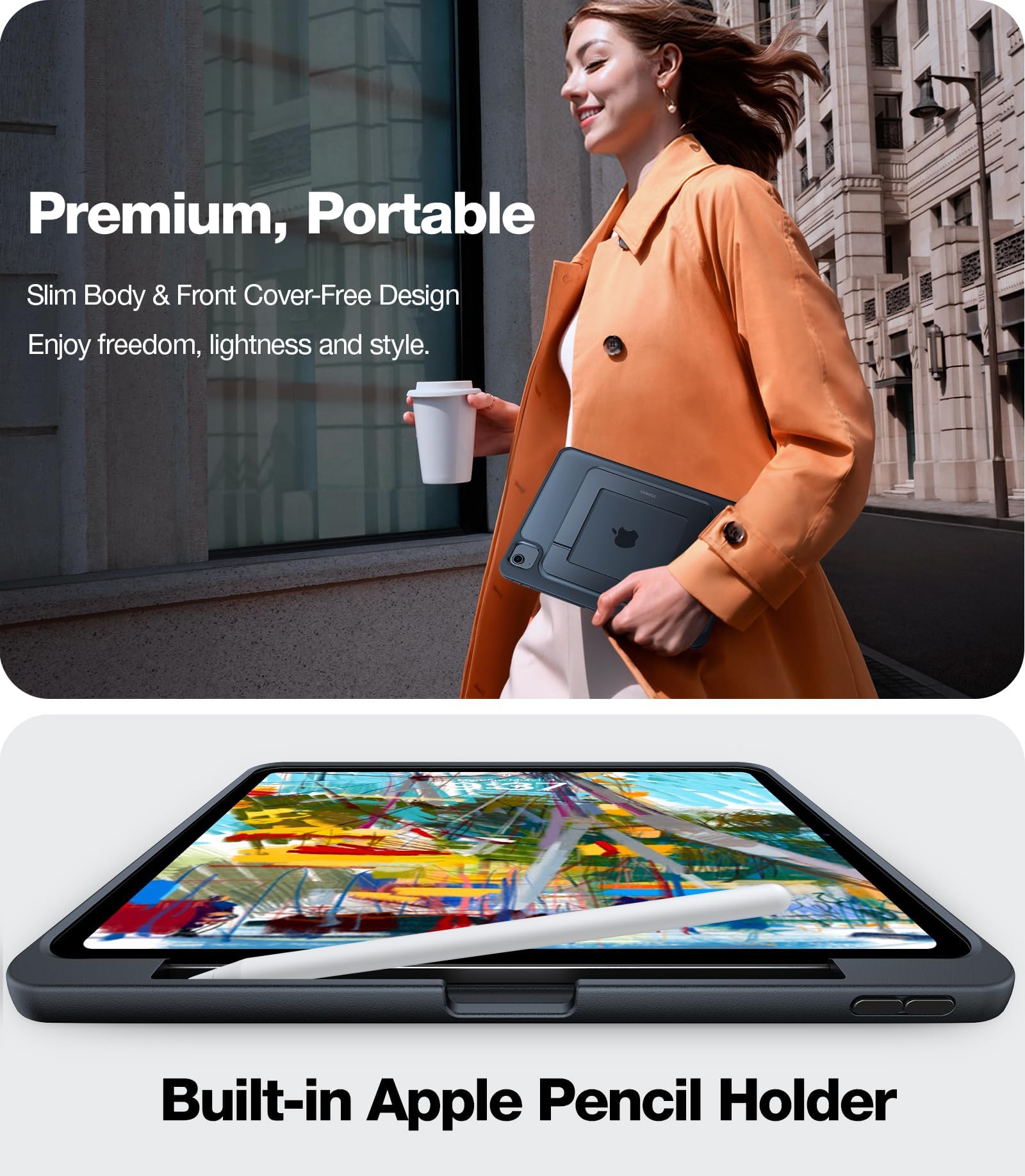 TORRAS iPad Air 11 inch Case (2025 M3/2024 M2 & 5th/4th Gen) - Ultra Stable Stand with Adjustable Viewing Angles, Protective Kickstand Cover with Apple Pencil Holder - Perfect for Work, Travel & Home Use - Black