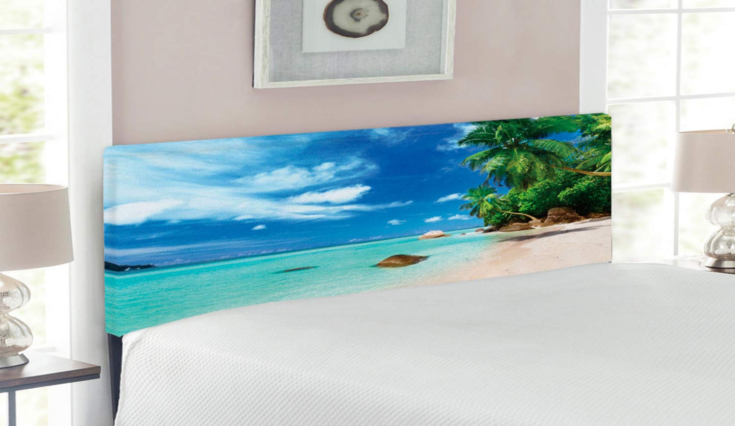 Ambesonne Holiday Headboard - Seascape Nature Relaxation Picture of Idyllic Beach in Seychelles | Upholstered Decorative Metal Bed Headboard with Memory Foam | Queen Size | Mint Green Blue | Perfect for Beach-Themed Bedrooms, Vacation Homes & Relaxation Spaces