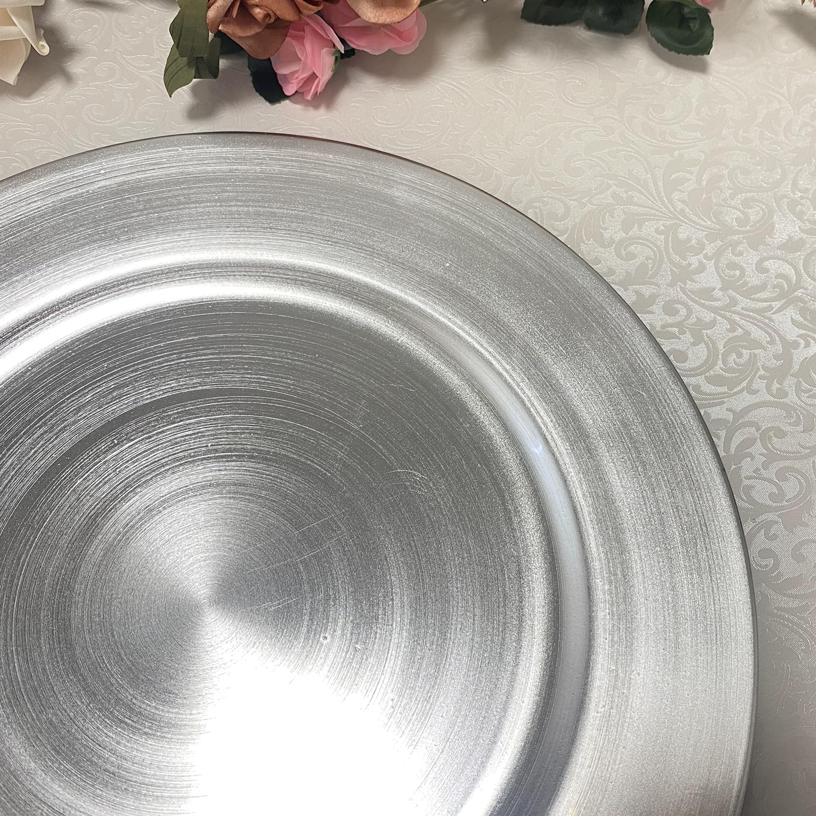 13 Inch Round Plastic Charger Plates Set of 8 - Elegant Metallic Silver Foil Dinner Plates for Wedding, Party, Banquet & Special Events - Perfect for Formal Dining, Buffet Service & Table Decorations
