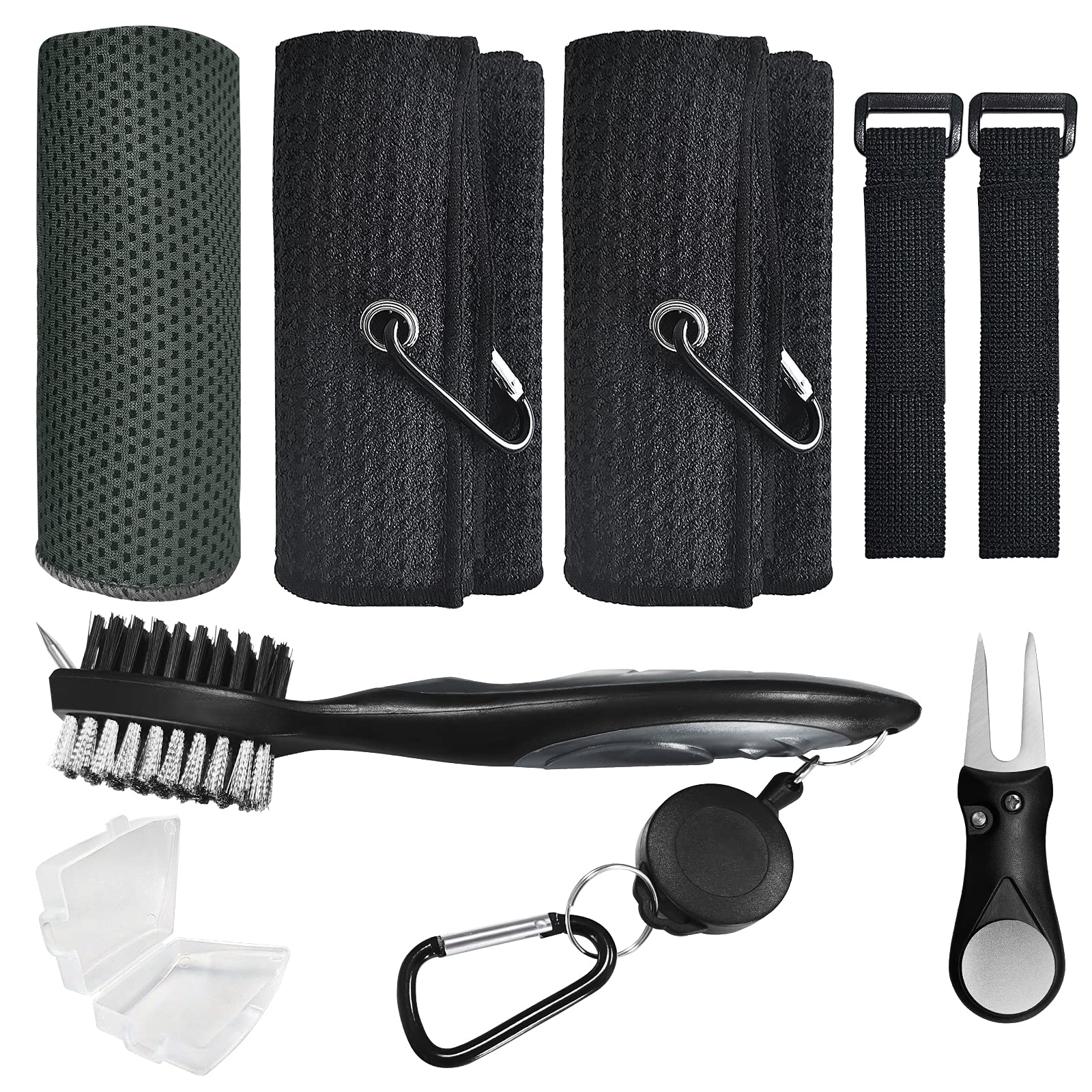 Premium Golf Cleaning Kit - Black Microfiber Golf Towel with Clip, Club Brush & Groove Cleaner | Golf Club Cleaning Brush & Divot Tool | Cooling Neck & Face Towel | Ideal for Golf Course, Driving Range & Practice | Perfect Golf Accessories for Men & Women