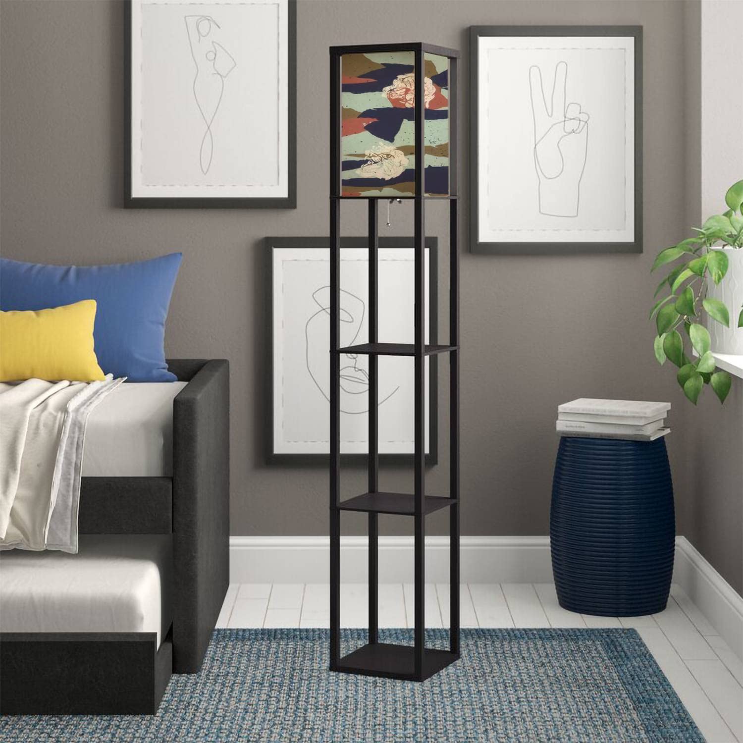 Modern Camouflage & Tiger Print Floor Lamp with Shelves - Linen Fabric Shade, Tall Corner Standing LED Lamp for Bedroom & Living Room Decor | Perfect for Reading Nook, Home Office Lighting