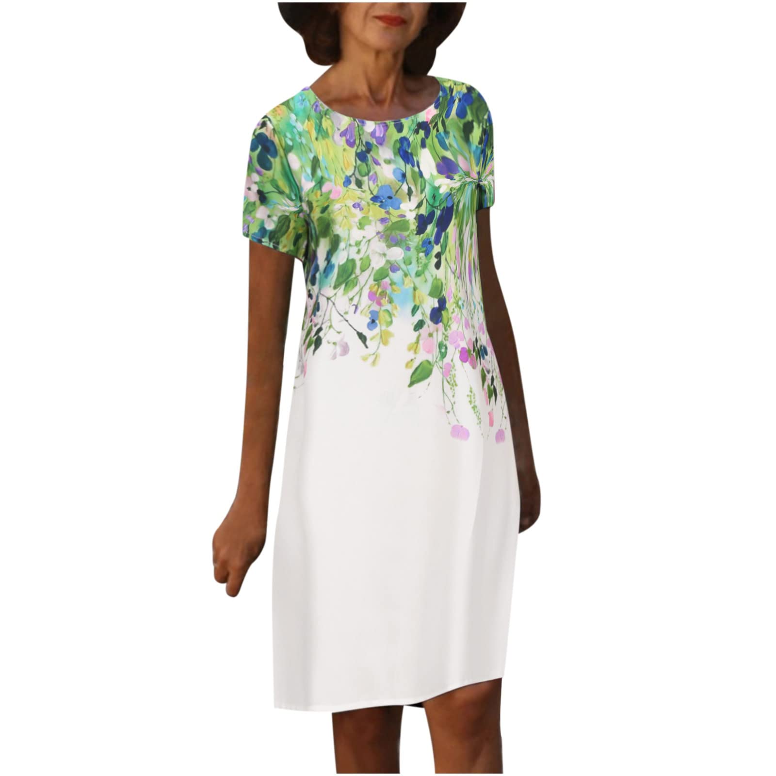 BoomDDD Women's Casual Vacation Dress - Short Sleeve Pullover Flowy Midi Skirt with Printed Design | Perfect for Beach, Travel & Summer Outings