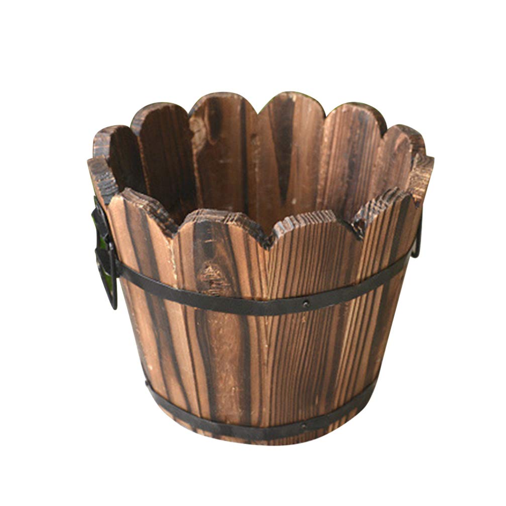 Rustic Wooden Bucket Planter - Half Whisky Barrel Style Indoor/Outdoor Plant Pot with Bamboo Accents | Perfect for Home Decor, Garden, Patio & Farmhouse Style Plants