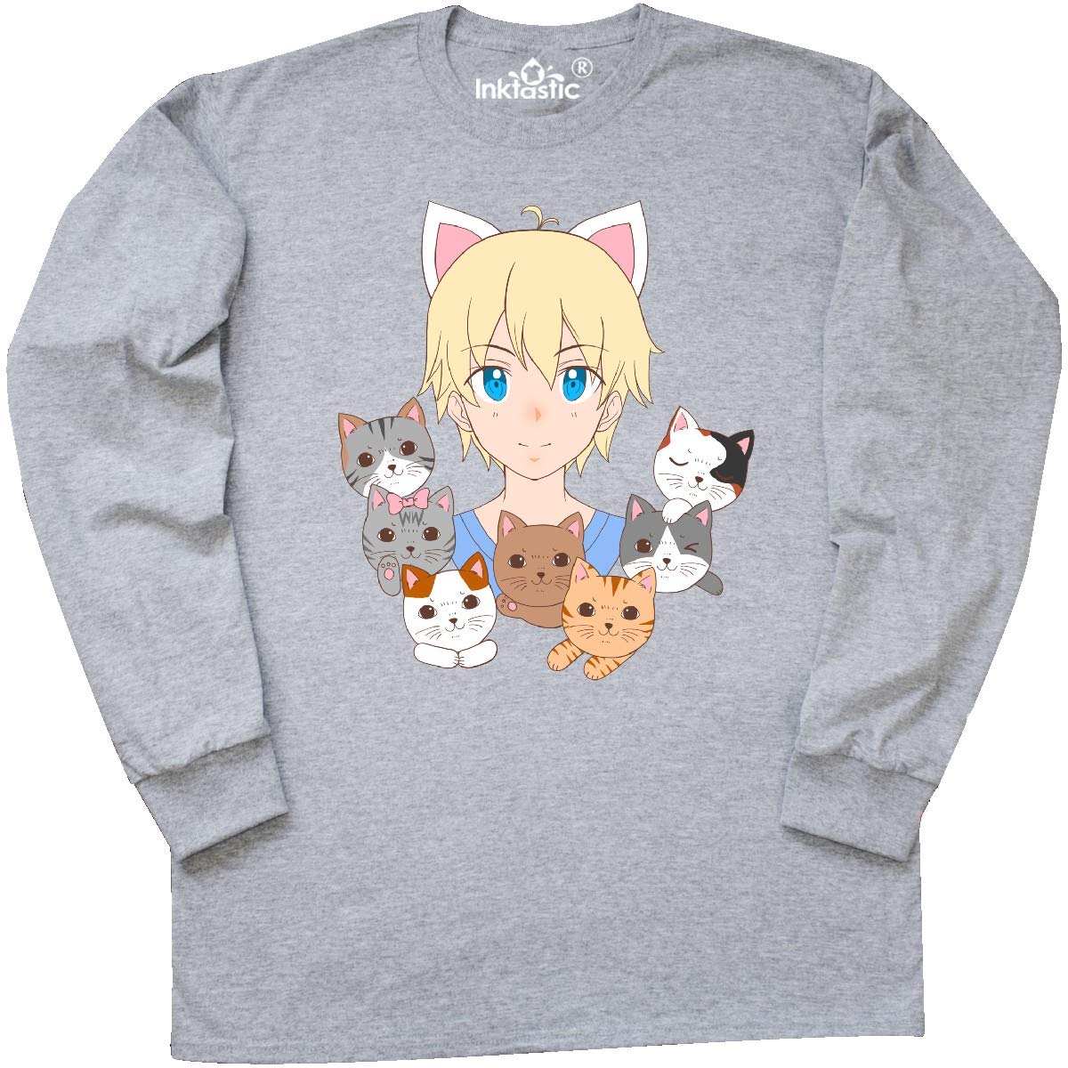 Inktastic Neko Anime Boy with Cats Graphic Long Sleeve T-Shirt for Men & Women | Cute Japanese Kawaii Style | Perfect for Cosplay, Anime Conventions & Casual Wear