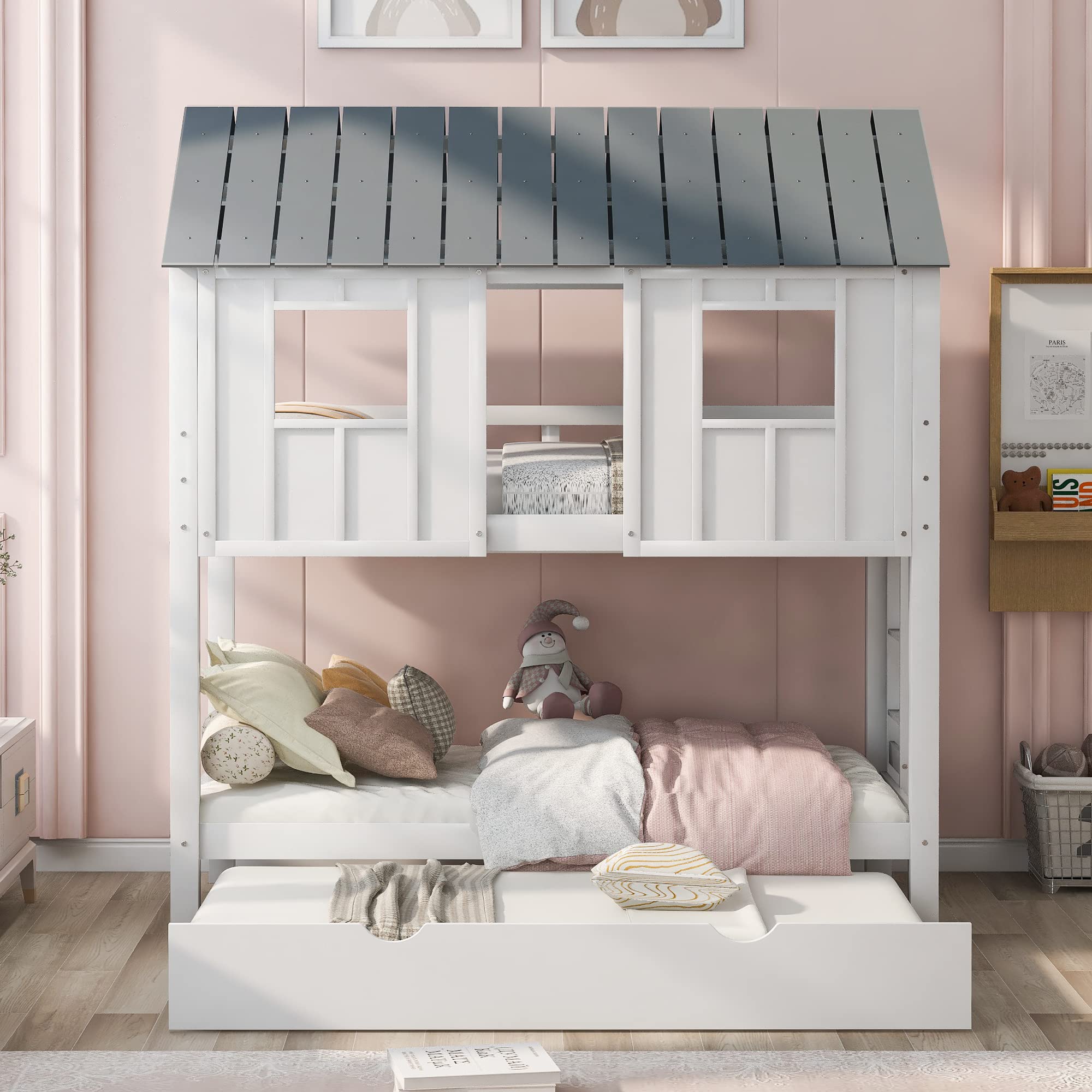LZ LEISURE ZONE Twin Over Twin Bunk Bed with Trundle - Solid Wood House Style Bed Frame with Roof, Window, Safety Guardrail & Ladder - Perfect for Kids' Bedroom, Guest Room or Vacation Home (White)