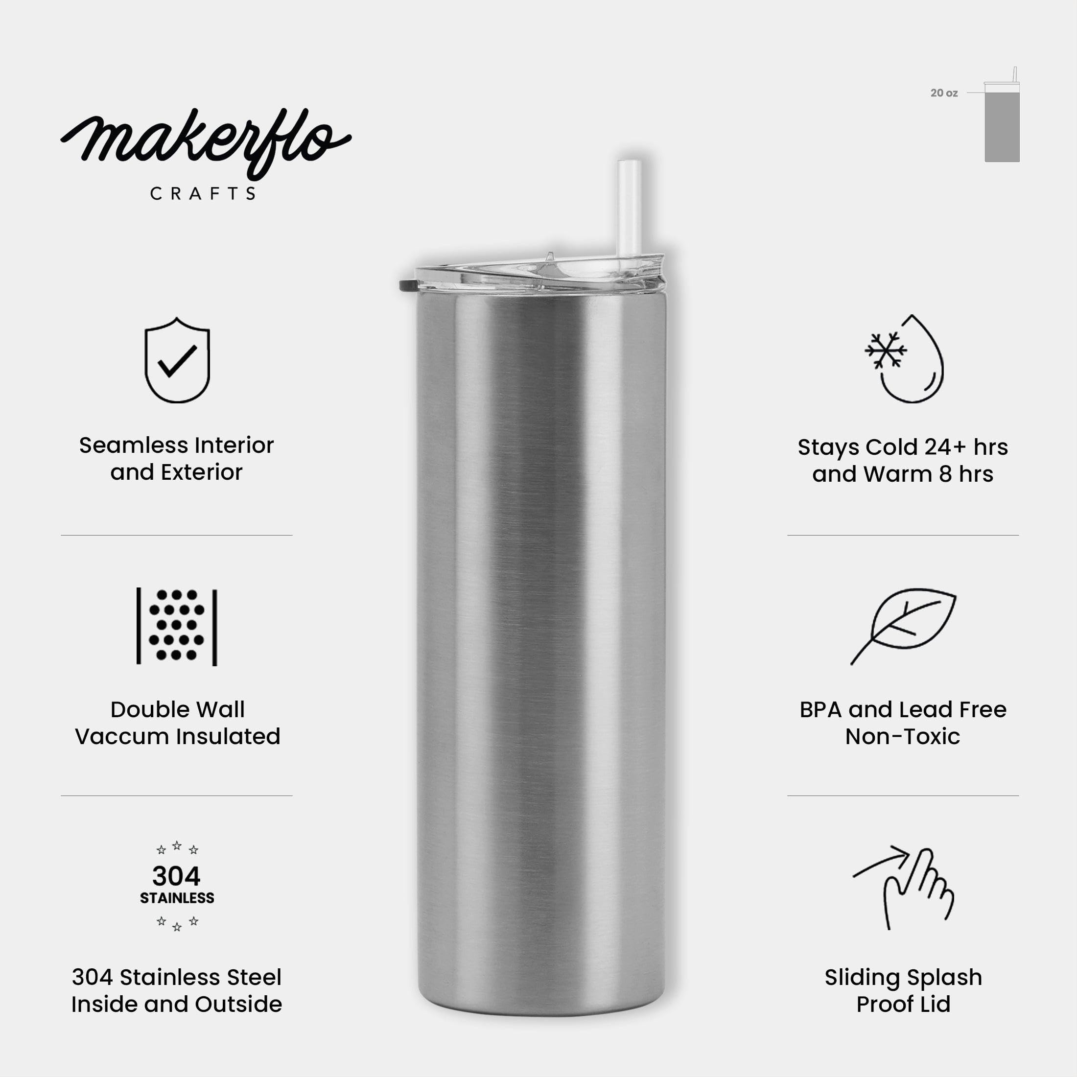 Makerflo 20 oz Stainless Steel Detash Tumbler with Lid & Straw - Pack of 25 | Craft-Ready for DIY Gifts & Personalization (Epoxy, UV DTF, Vinyl, Laser Engraving) - Perfect for Home, Office, Gym & Outdoor Activities - Not for Sublimation and DTF