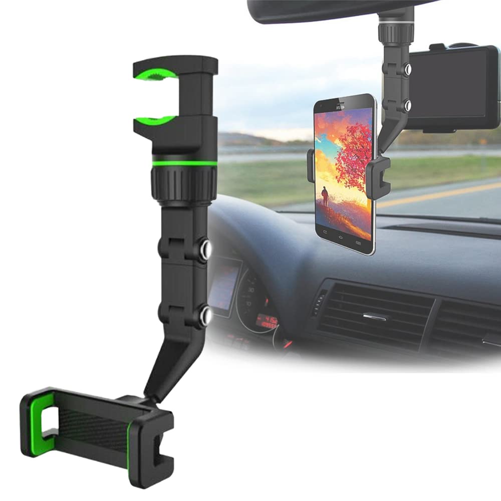 360° Rotating Universal Car Phone Mount - Rearview Mirror Phone Holder for iPhone & Android - Adjustable GPS Holder for Safe Driving - Perfect for Road Trips, Uber & Delivery Drivers (Green)