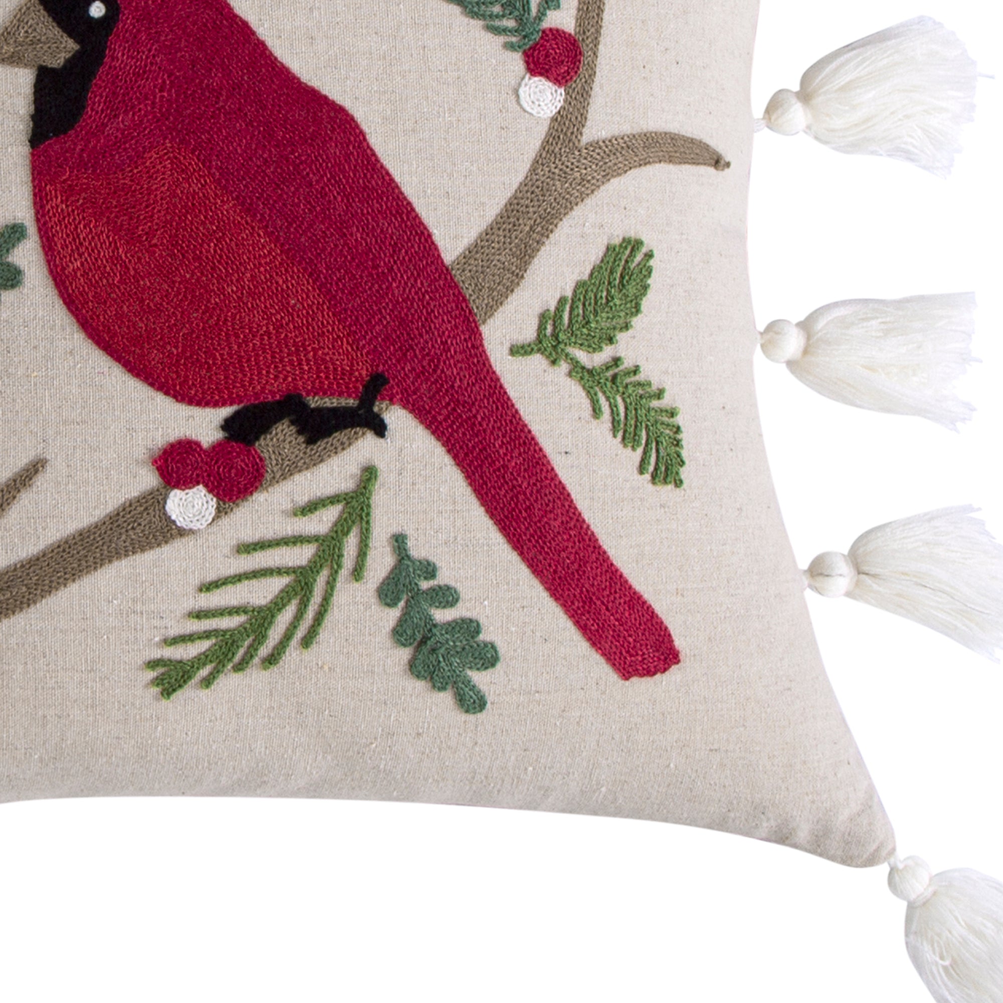 Joy Birds Cardinal Embroidered Tassel Pillow - Handmade Decorative Throw Pillow Cover for Sofa, Bed, Couch - Perfect for Living Room, Bedroom, Nursery Home Decor
