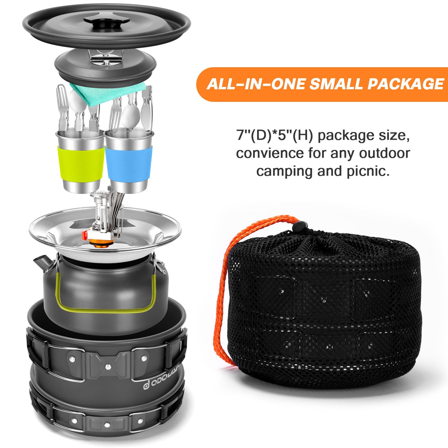 Odoland 16-Piece Camping Cookware Set - Lightweight Non-Stick Pot, Pan, Kettle, Stainless Steel Cups, Plates & Utensils for Backpacking, Hiking, Picnics & Outdoor Cooking | Compact Mess Kit with Portable Camping Stove | Perfect for Campers, RV Trips & Emergency Preparedness