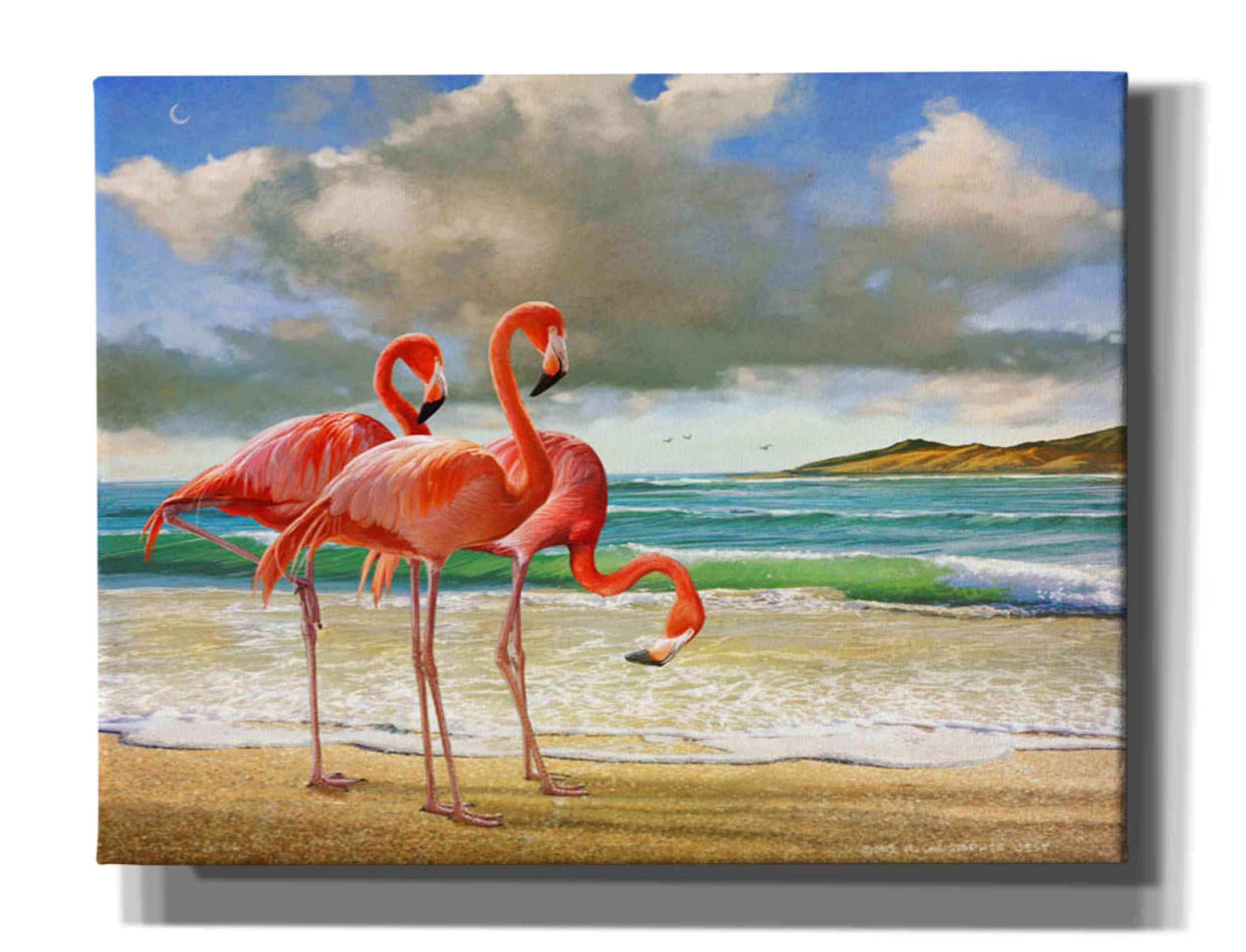 Chris Vest 'Beach Scene Flamingos' Canvas Wall Art 34x26 Inches - Tropical Home Decor for Living Room, Bedroom & Office
