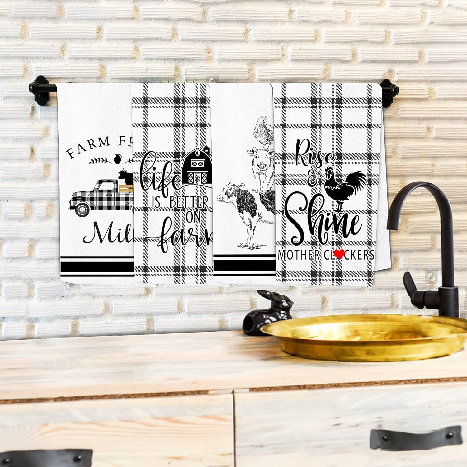 Farm Animal Themed Kitchen Towels Set of 4 - Rooster & Cow Print Cotton Dish Cloths for Drying Dishes, Farmhouse Decor Tea Towels, Perfect Housewarming Gifts for New Home | Ideal for Kitchen Use, Dish Drying, and Farmhouse Style Home Decor