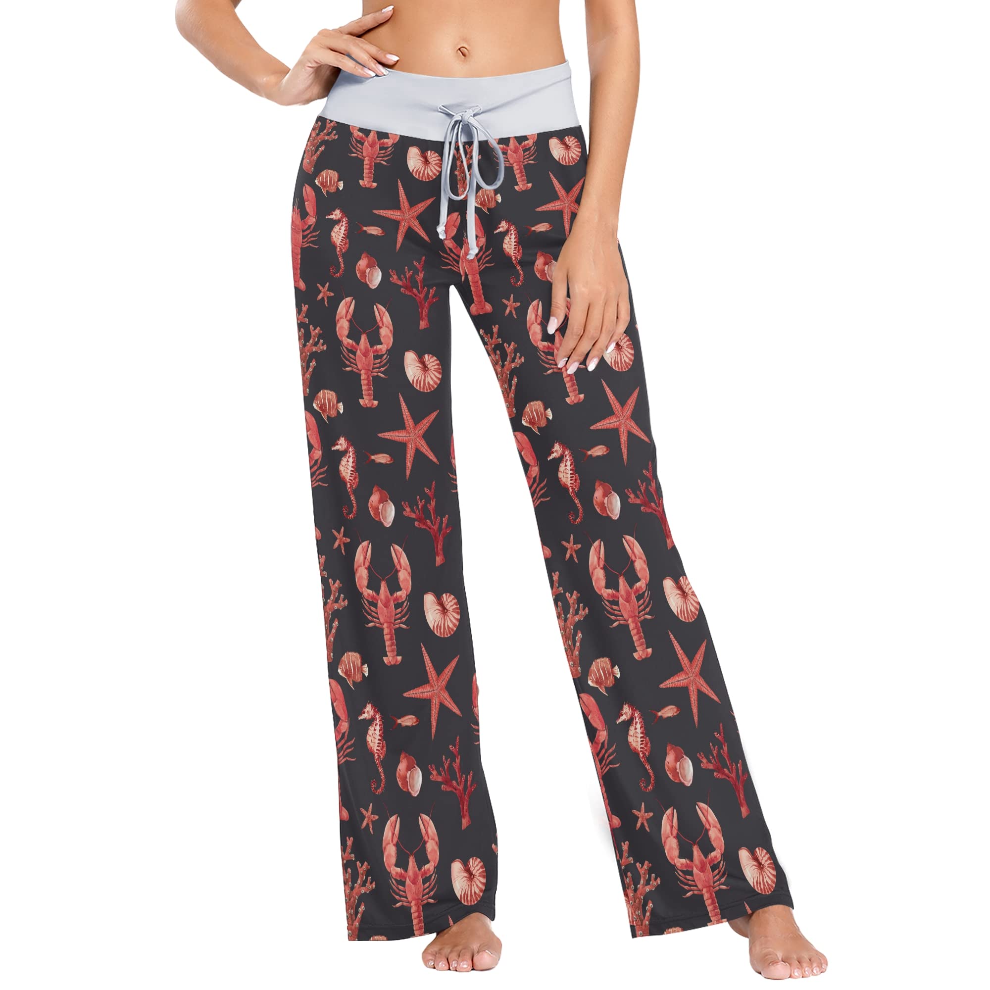Fisyme Women's Sea Lobster Print Pajama Pants - Soft Lounge Pants with Drawstring, Wide Leg Yoga Sweatpants for Sleep, Relaxation & Home Comfort
