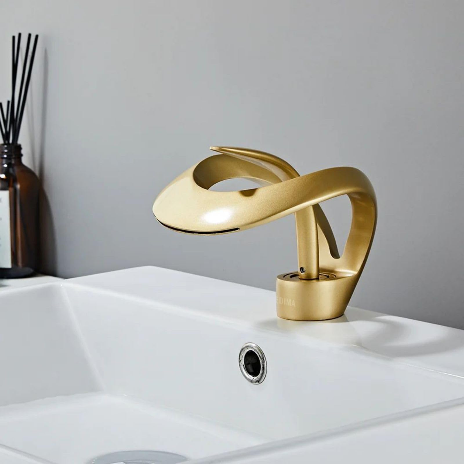 Lovedima Elegant Waterfall Vessel Sink Faucet - Single Handle 1-Hole Bathroom Faucet, Solid Brass Lavatory Vanity Faucet in Frosted Gold - Perfect for Modern Bathroom & Powder Room Decor
