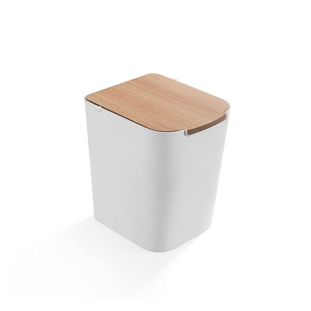 Creative Wooden Lid Trash Can for Kitchen & Bathroom - Flip Top Indoor Garbage Bin with Odor Control - White Household Waste Bin for Home, Office, Dorm Use