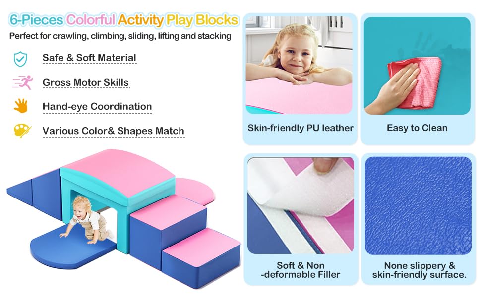 SURPCOS 6-Piece Soft Foam Climbing Set for Toddlers 1-3 Years - Indoor Play Gym with Slide, Stairs & Ramp - Safe Crawl & Climb Activity Toys for Kids (Pink) | Perfect for Home Playrooms, Daycare Centers & Preschool Motor Skill Development