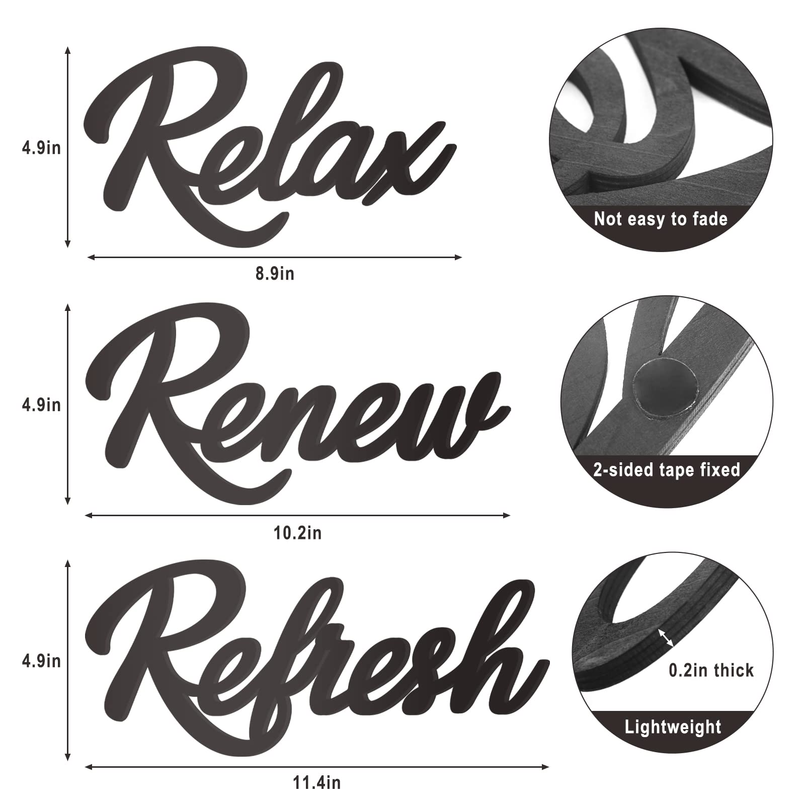3-Piece Wooden Bathroom Wall Decor Signs - Relax Renew Refresh Hanging Plaques for Spa, Home Decor (Black) - Perfect for Bathroom, Powder Room & Guest Bath Decor