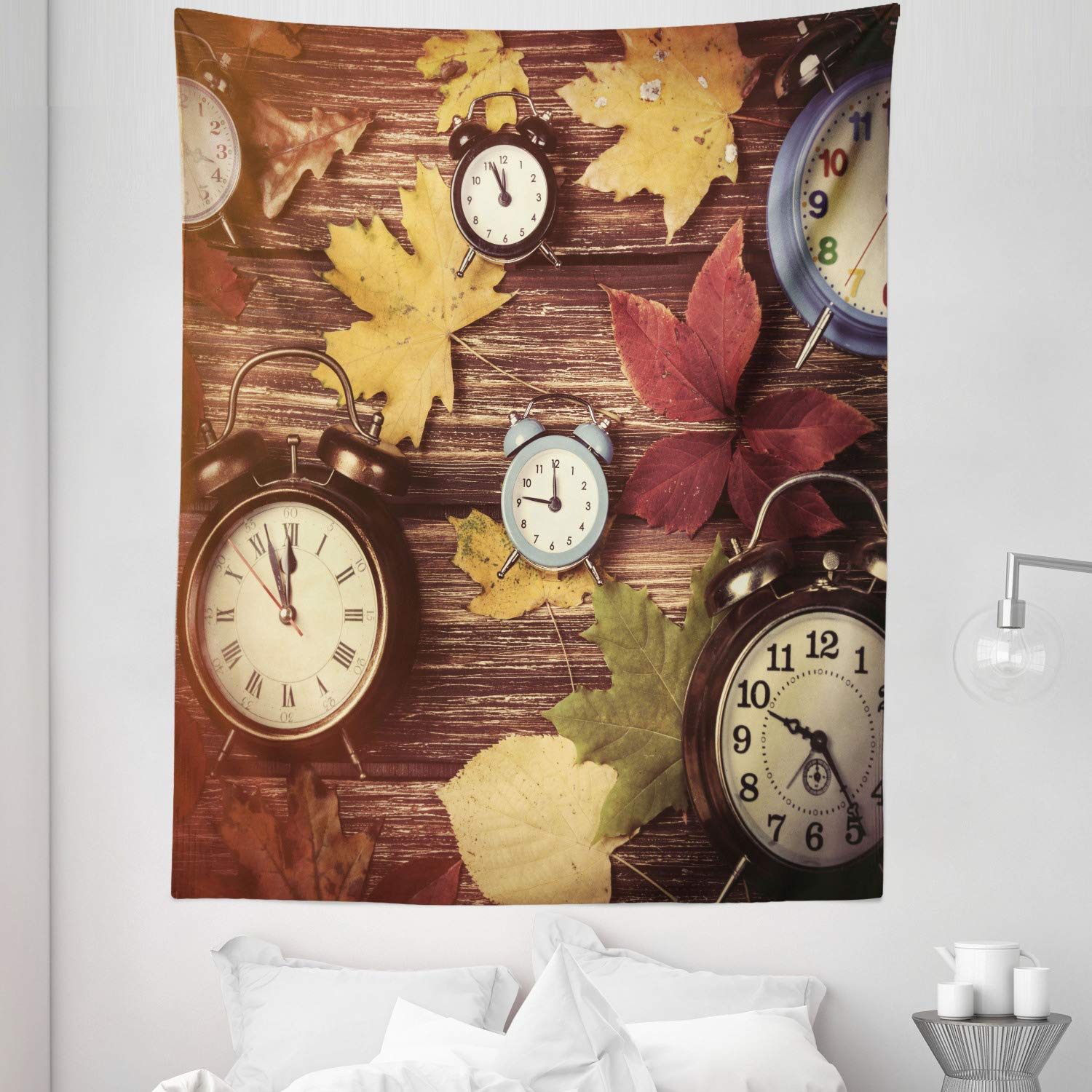 Ambesonne Fall Tapestry - Twin Size Wall Hanging with Dry Maple Leaves & Vintage Alarm Clocks Print, 68x88 Inch Multicolor Bedspread for Autumn Bedroom Decor | Perfect for Dorm, Living Room & Seasonal Home Decoration