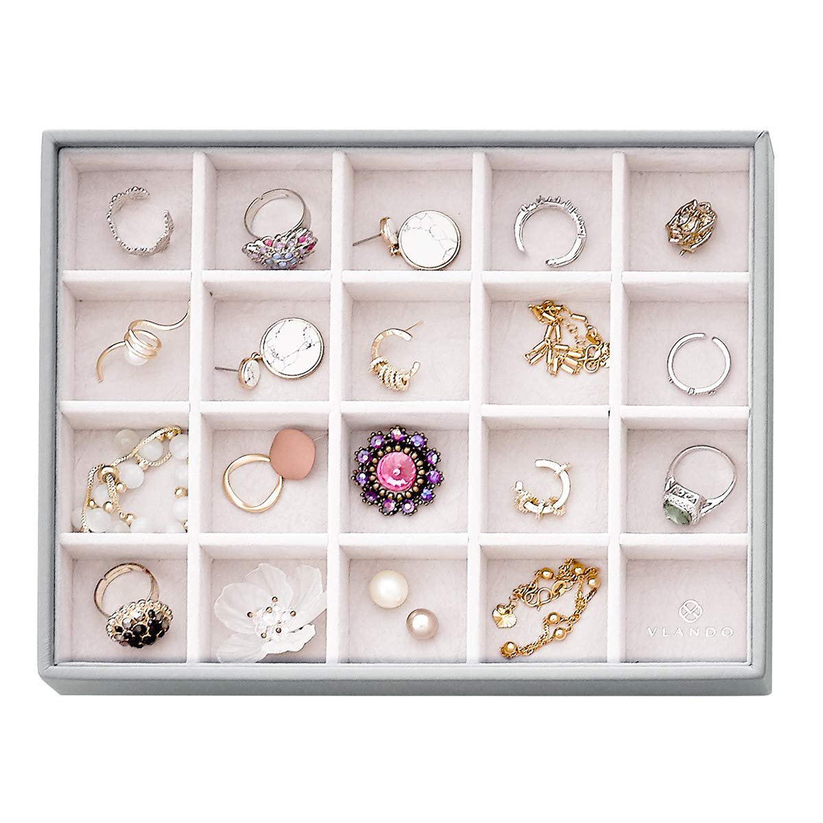 Vlando 20-Slot Jewelry Organizer Tray - Stackable Gray Drawer Storage for Necklaces, Rings & Earrings | Perfect for Bedroom Vanity, Travel & Gift Giving