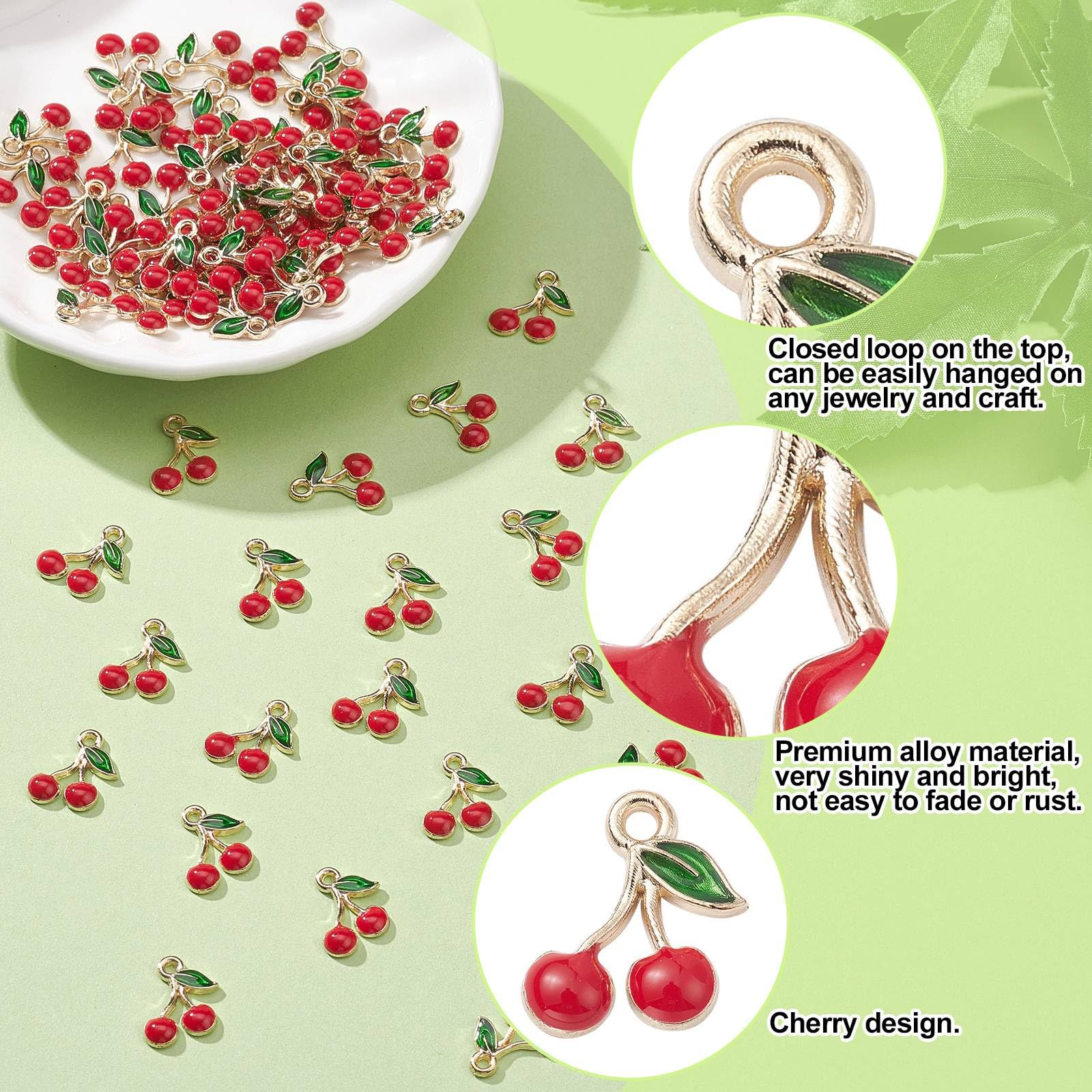 KitBeads 100pcs Red Cherry Charms - Enamel Food Jewelry Charms, Mini Fruit Pendants for DIY Bracelets, Necklaces & Earrings - Perfect for Crafting, Gift Making & Kawaii Accessories
