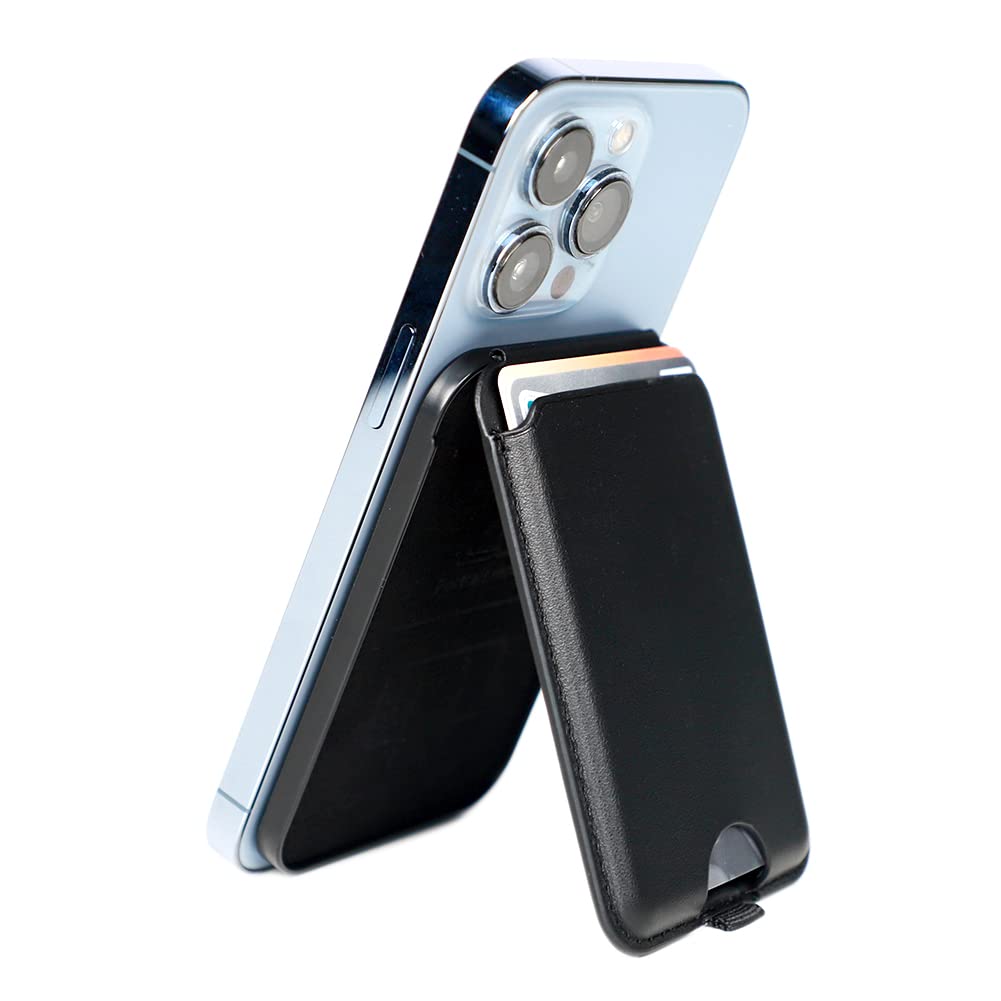 Magnetic Leather Phone Wallet Holder for iPhone - Compatible with iPhone 14/13/12 Series with MagSafe & Magnetic Case Phones - Slim RFID Blocking Card Holder - Perfect for Travel, Shopping & Daily Use (Black)