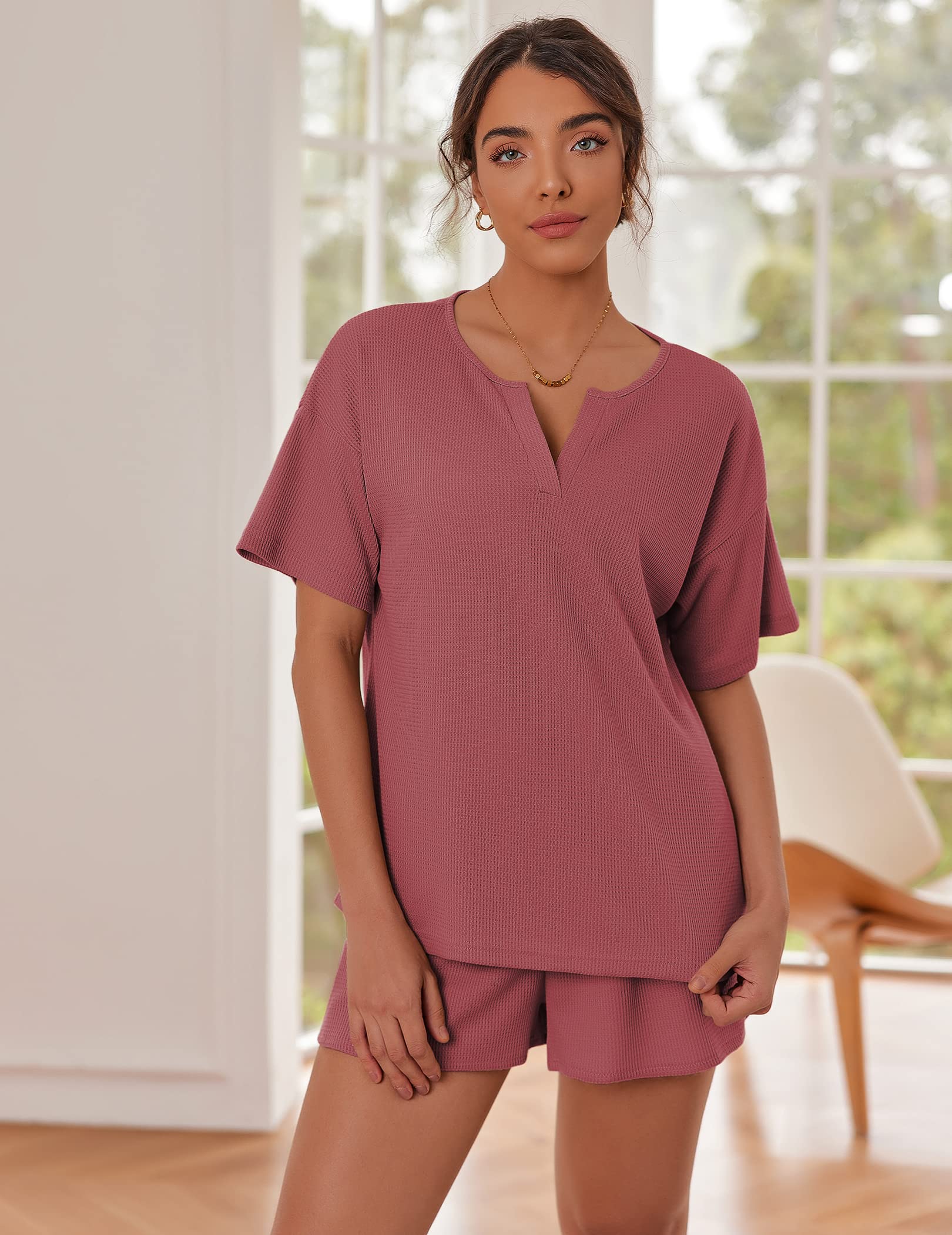 Ekouaer Women's Waffle Knit Lounge Set - 2 Piece Short Sleeve Top & Shorts Pajama Set, Soft Tracksuit for Home, Sleep & Relaxation | Comfortable Sweatsuit for Women