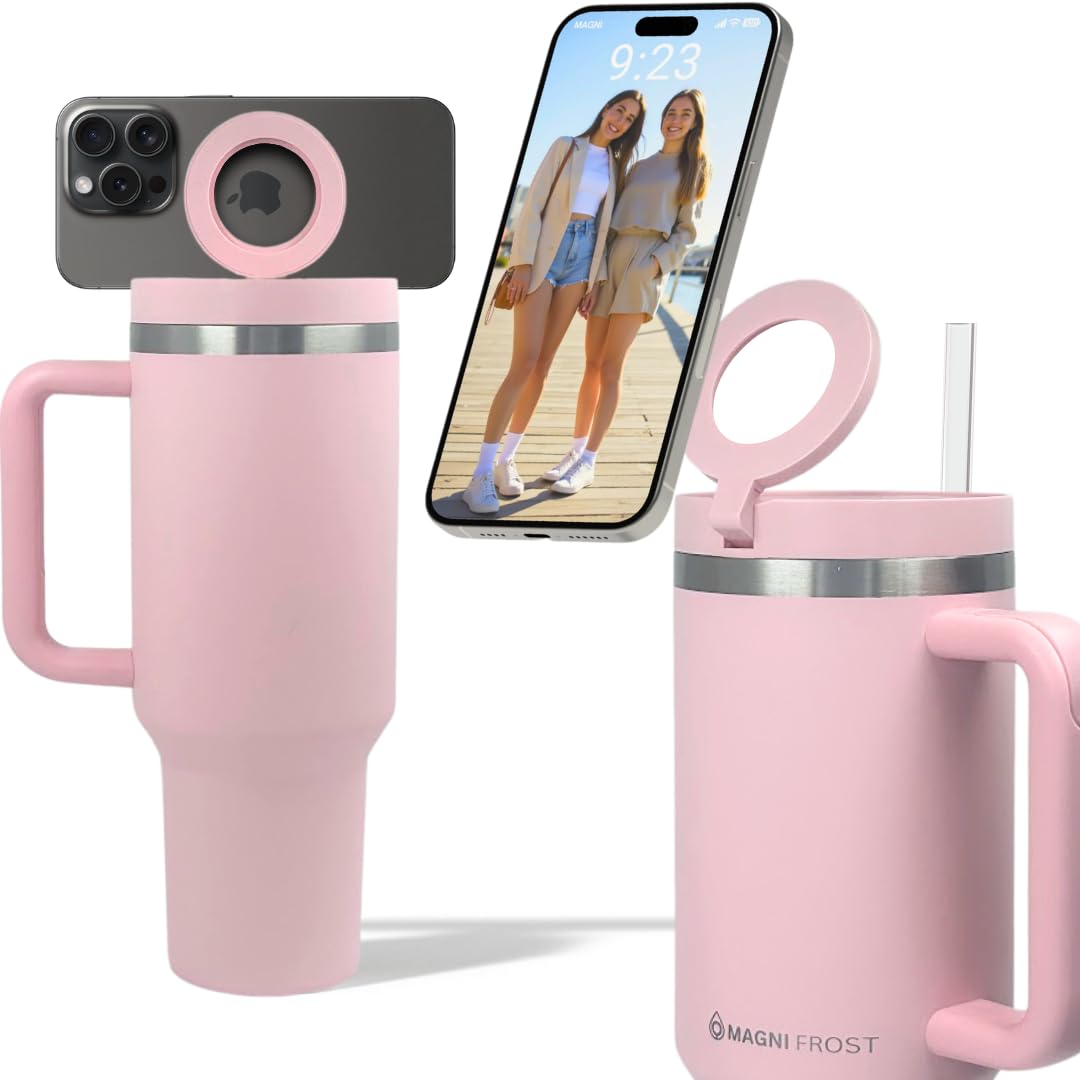 Magnetic Water Bottle Phone Holder with 360° Rotate | Insulated 40oz Tumbler with Handle & Straw | MagSafe Compatible | Perfect for Gym, Workout, School, Office & Travel | Rose Pink | Keep Hydrated While Working Out or Commuting