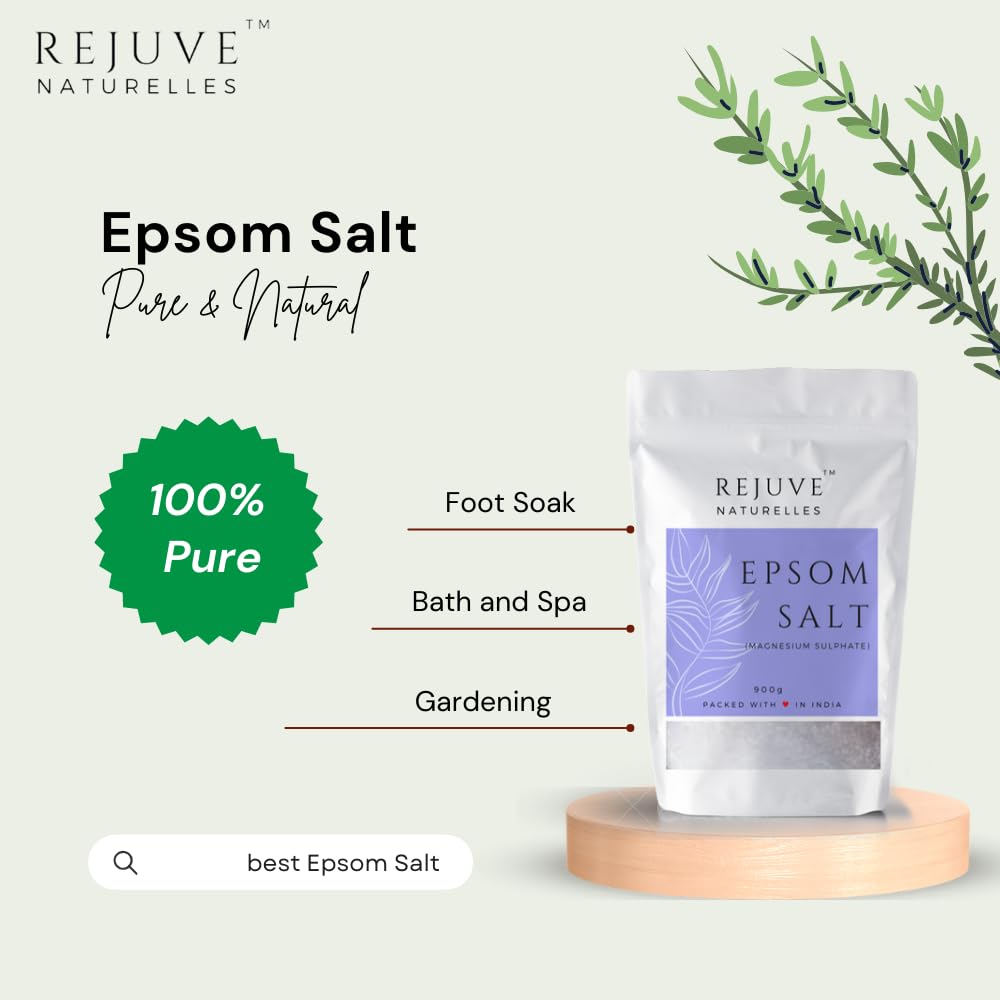 Rejuve Naturelles Premium Epsom Salt 900g - 100% Pure Magnesium Sulfate Crystals for Muscle & Foot Pain Relief, Plant Growth | Natural Relaxation & Recovery for Bath Soak, Gardening & Home Spa