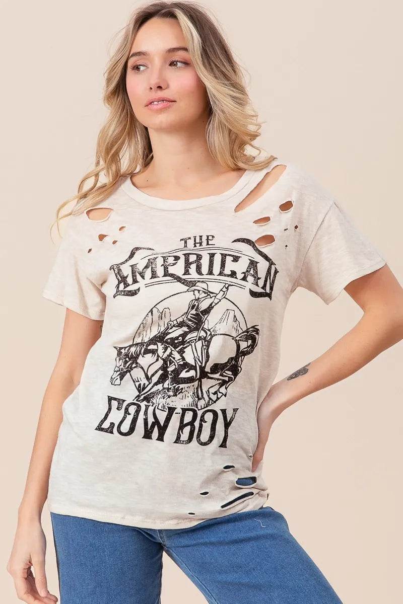 BiBi Cotton Slub Laser Top - Vintage American Cowboy Graphic Tee for Men & Women | Casual Streetwear, Western Style Fashion, Music Festival Outfit