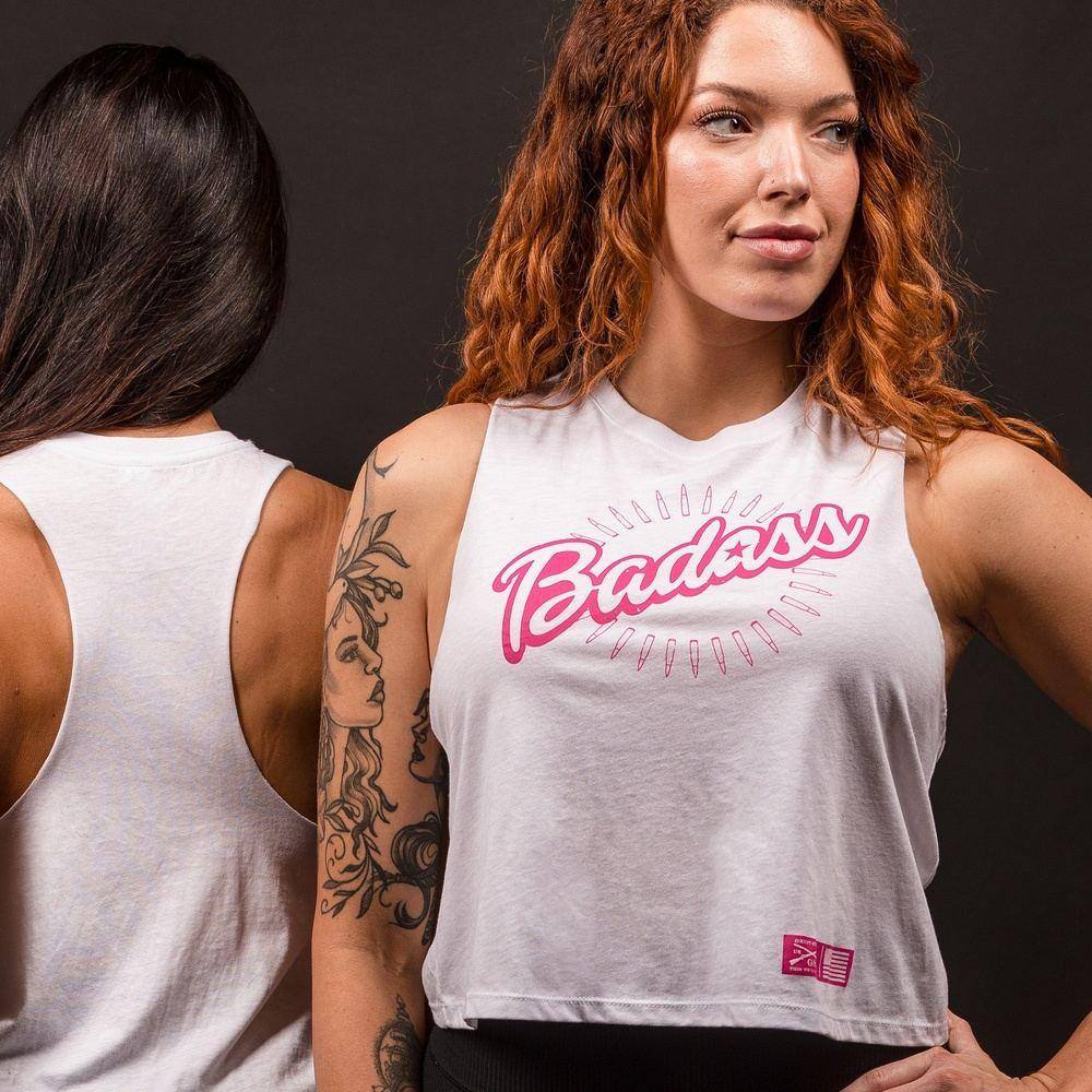 Women's Badass Racerback Cropped Tank Top - White | Workout & Gym Essential | Yoga, Running & Fitness Apparel