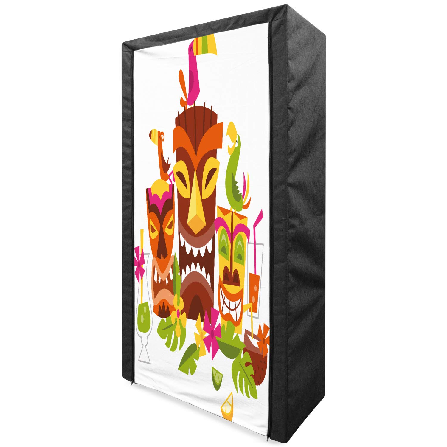 Ambesonne Luau Portable Fabric Wardrobe - 3 Tiki Party Design with Tropical Leaves, Drinks & Happy Toucan Birds - 33.5