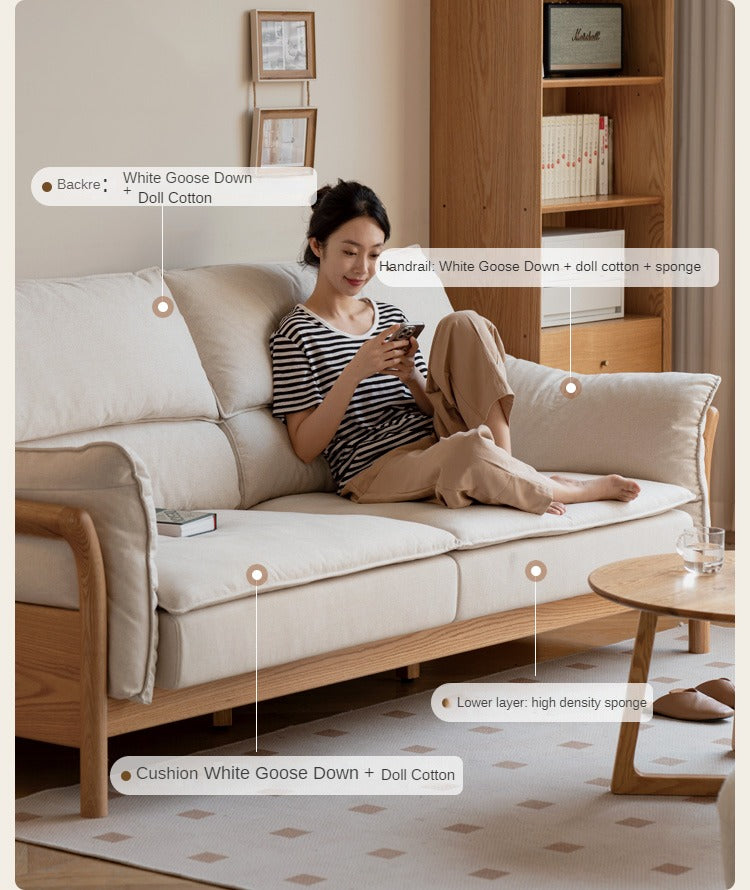 Premium Oak Solid Wood White Goose Down Cotton Sofa - Luxurious Comfort for Living Room, Lounge & Home Decor