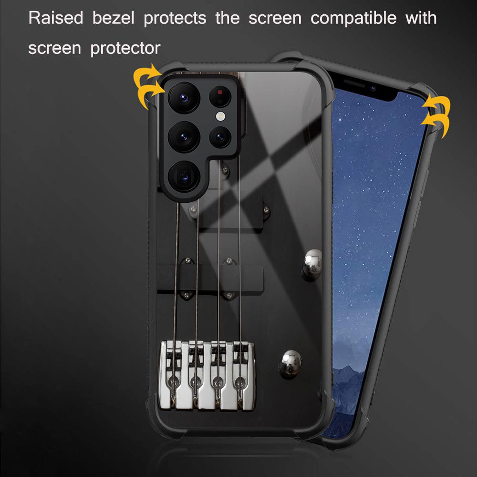 CARLOCA Shockproof Anti-Scratch Hard Acrylic Case for Samsung Galaxy S22 Ultra - Guitar Bass Strings Black Identity Graphic Design | Protective Phone Cover for Work, Travel & Daily Use