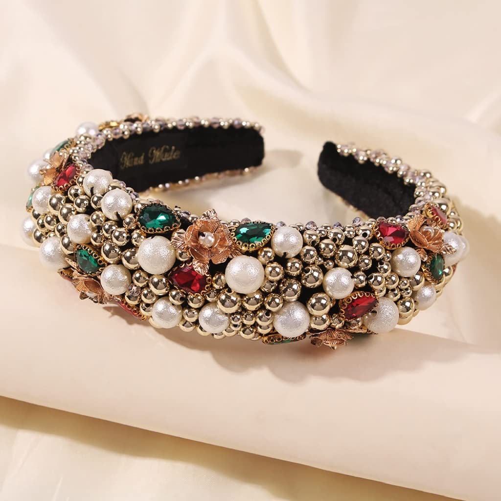 MMLLZEL Gold Flower Crown Headband with Simulated Pearl Beads & Colorful Drills - Elegant Hair Accessories for Women | Perfect for Weddings, Parties & Special Occasions