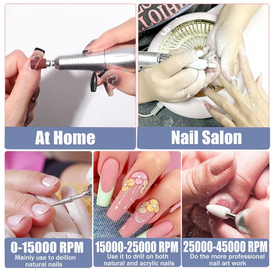 Professional Cordless Electric Nail Drill Kit - 45000 RPM High Speed Nail File Machine with Rechargeable Battery & Drill Bits | Portable E-File for Acrylic, Gel Nails | Perfect for Home & Salon Manicures, Nail Art & DIY Nail Care
