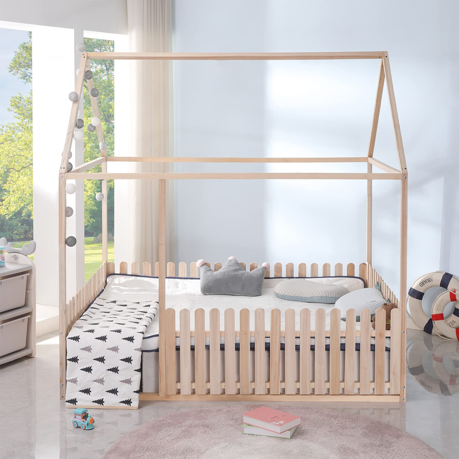 **Full Size Toddler Floor Bed with Roof & Fence - Wooden House Bed Frame for Kids, Nursery Furniture & Play Tent - No Box Spring Needed - Perfect for Bedrooms, Playrooms & Montessori Learning**