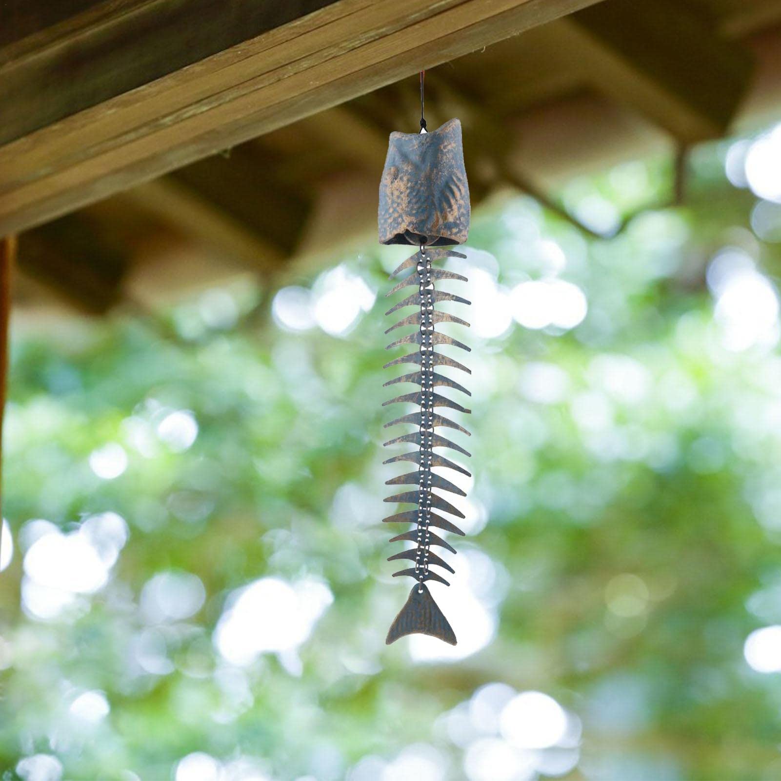 Cast Iron Metal Fish Wind Chime with Bronze Skeleton Bells - Outdoor Garden Decor for Porch, Patio & Courtyard | Relaxing Wind Chimes for Meditation & Stress Relief