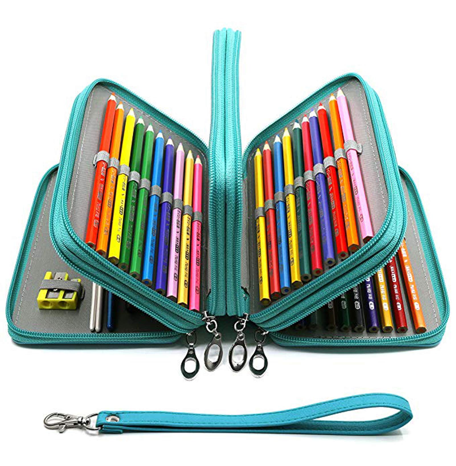YOUSHARES 72 Slots PU Leather Pencil Case - Large Multi-Layer Zipper Pen Organizer with Handle Strap for School, Office & Travel - Holds Colored Pencils, Gel Pens, Makeup Brushes, Markers & Sharpeners (Green) - Perfect for Artists, Students & Professionals On-The-Go