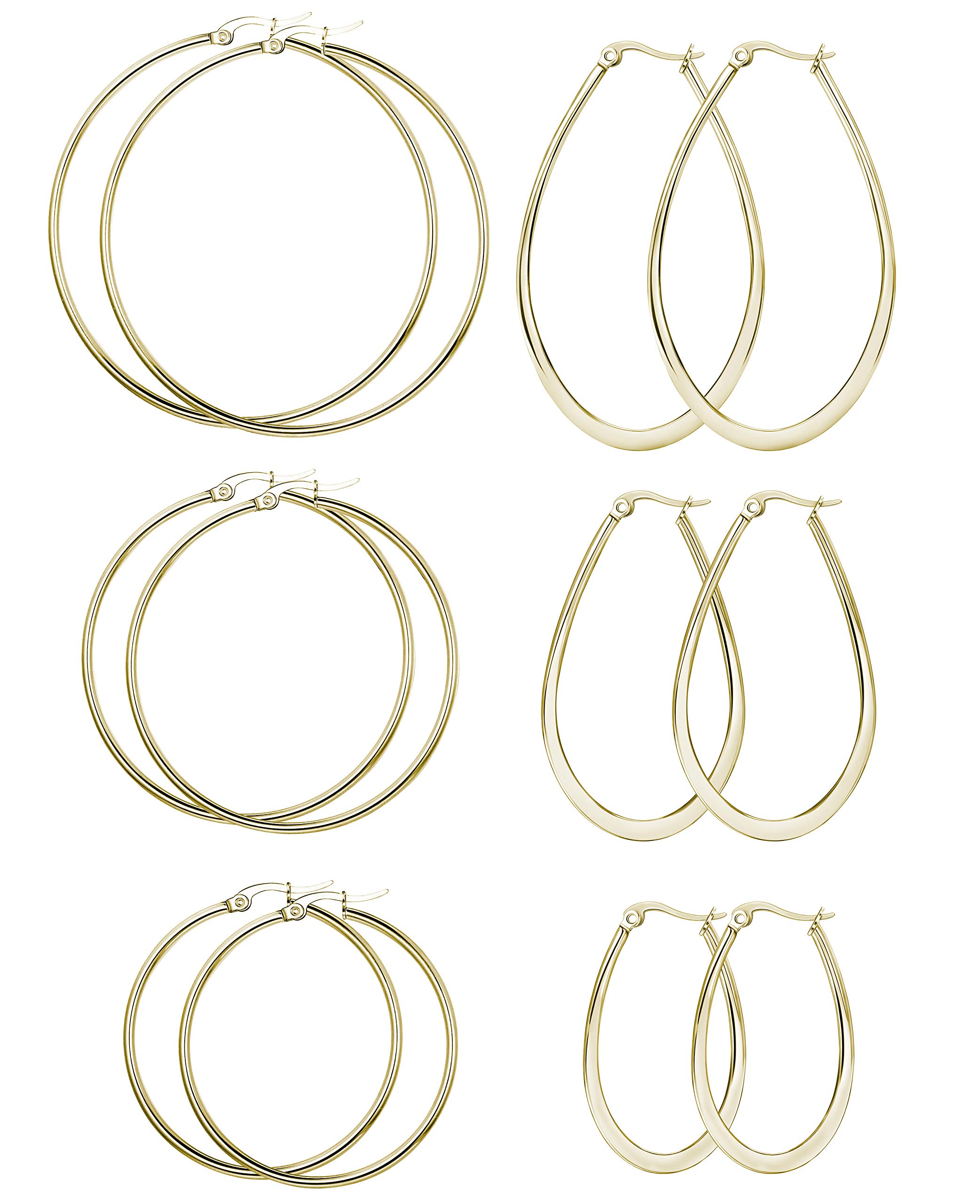 FIBO STEEL 3-8 Pairs Stainless Steel Hoop Earrings Set for Women | 40-70mm Sizes | Hypoallergenic & Tarnish-Free | Perfect for Everyday Wear, Parties & Gifts