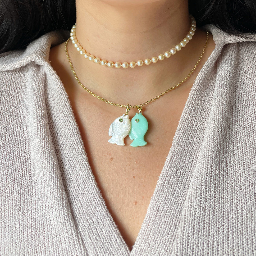 14K Gold Fish Pendant with Mother of Pearl & Tsavorite Gemstones - Elegant Jewelry Gift for Women, Perfect for Birthdays, Anniversaries & Special Occasions