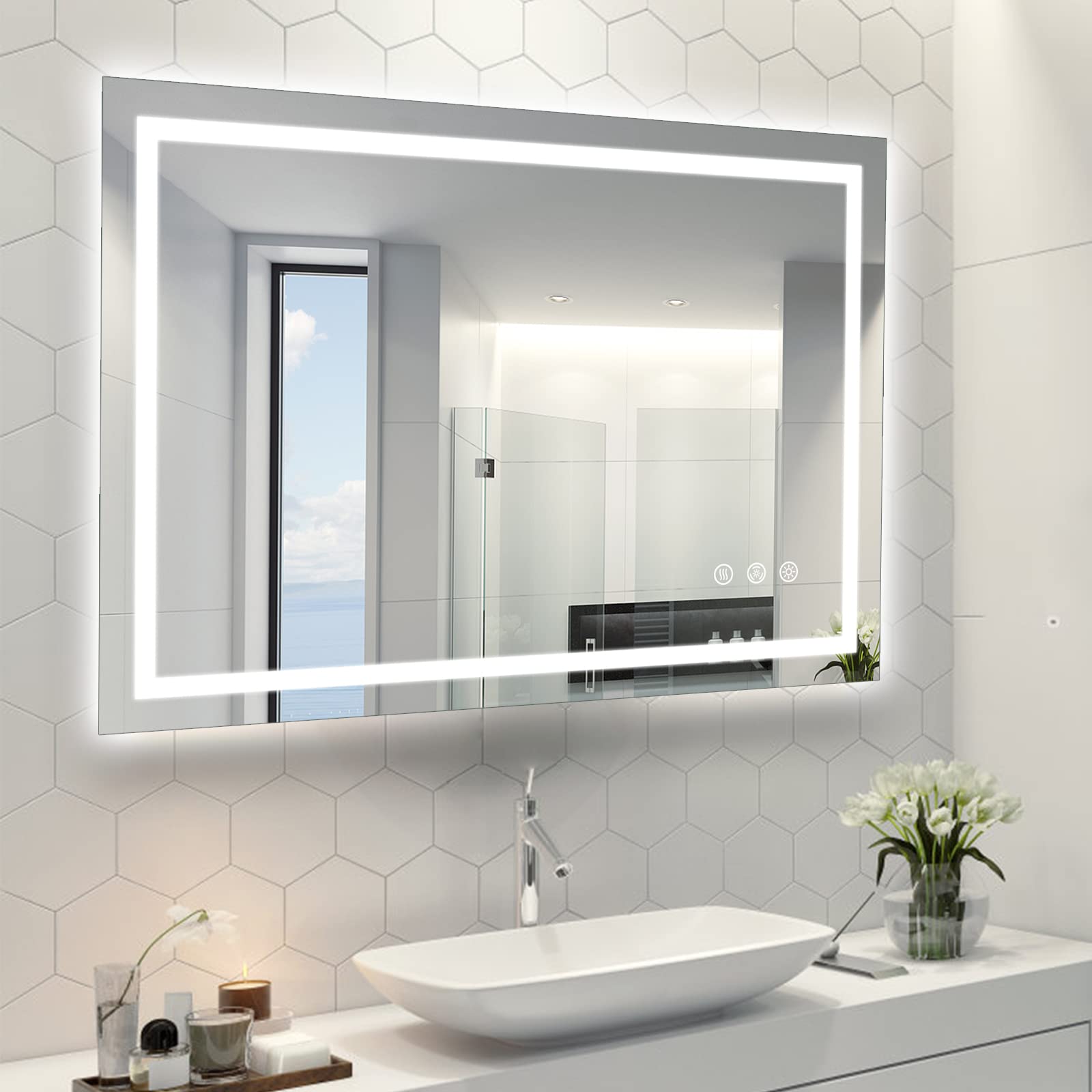 40x32 Inch LED Bathroom Mirror with Front & Backlit Lights - Anti-Fog, Shatter-Proof, Dimmable Vanity Mirror for Makeup & Shaving - Perfect for Modern Bathrooms & Dressing Rooms