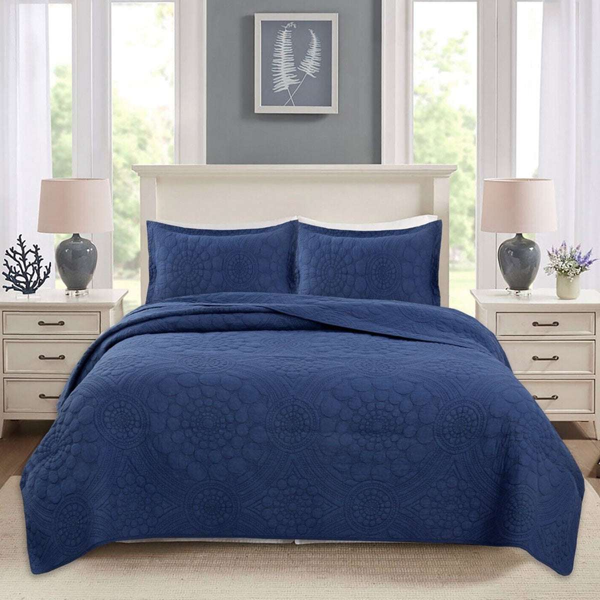 100% Cotton Lightly Quilted Coverlet Set - Unity Navy Queen Size Bedspread | Soft & Breathable All-Season Bedding for Master Bedroom, Guest Room & Dorm Decor