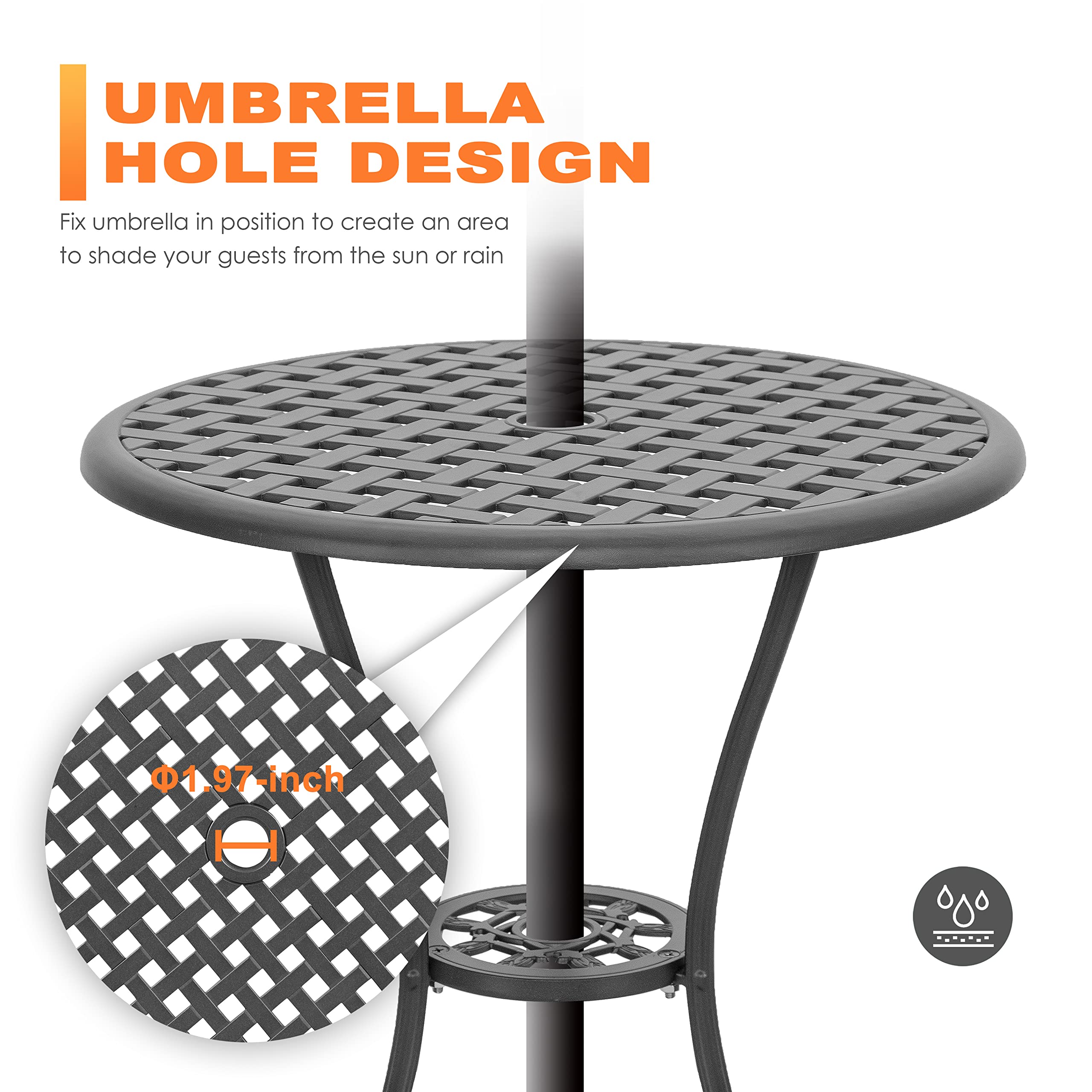 NUU GARDEN 3-Piece Outdoor Bistro Set - Black Cast Aluminum Patio Table with Umbrella Hole & Gray Cushions - Perfect for Balcony, Garden, or Backyard Dining
