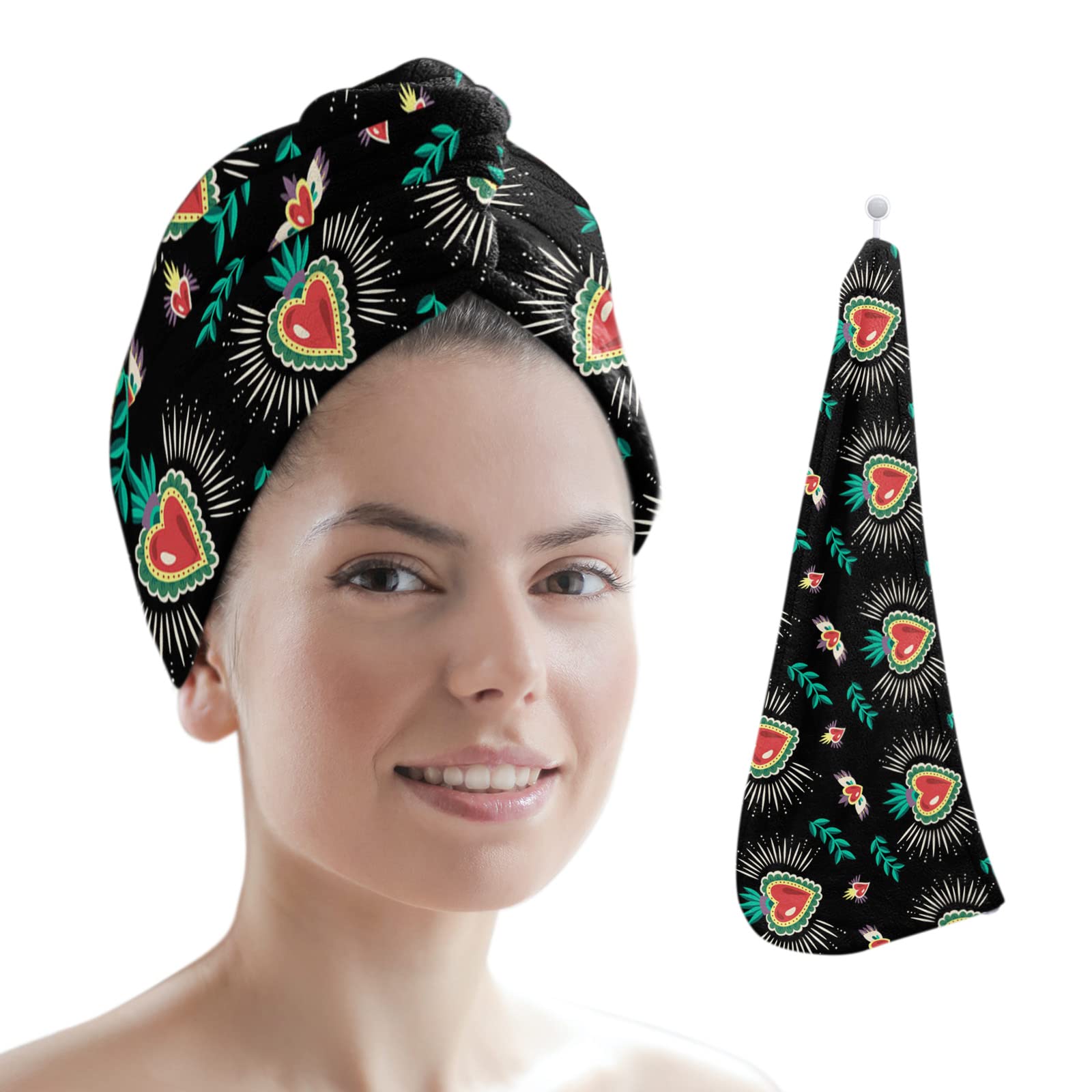 **Microfiber Hair Towel Wrap for Women - Super Absorbent Quick Dry Hair Turban for Curly, Wet, Long & Thick Hair - Valentine's Day Gift (Black & Red) - Perfect for Post-Shower, Salon & Travel Use**
