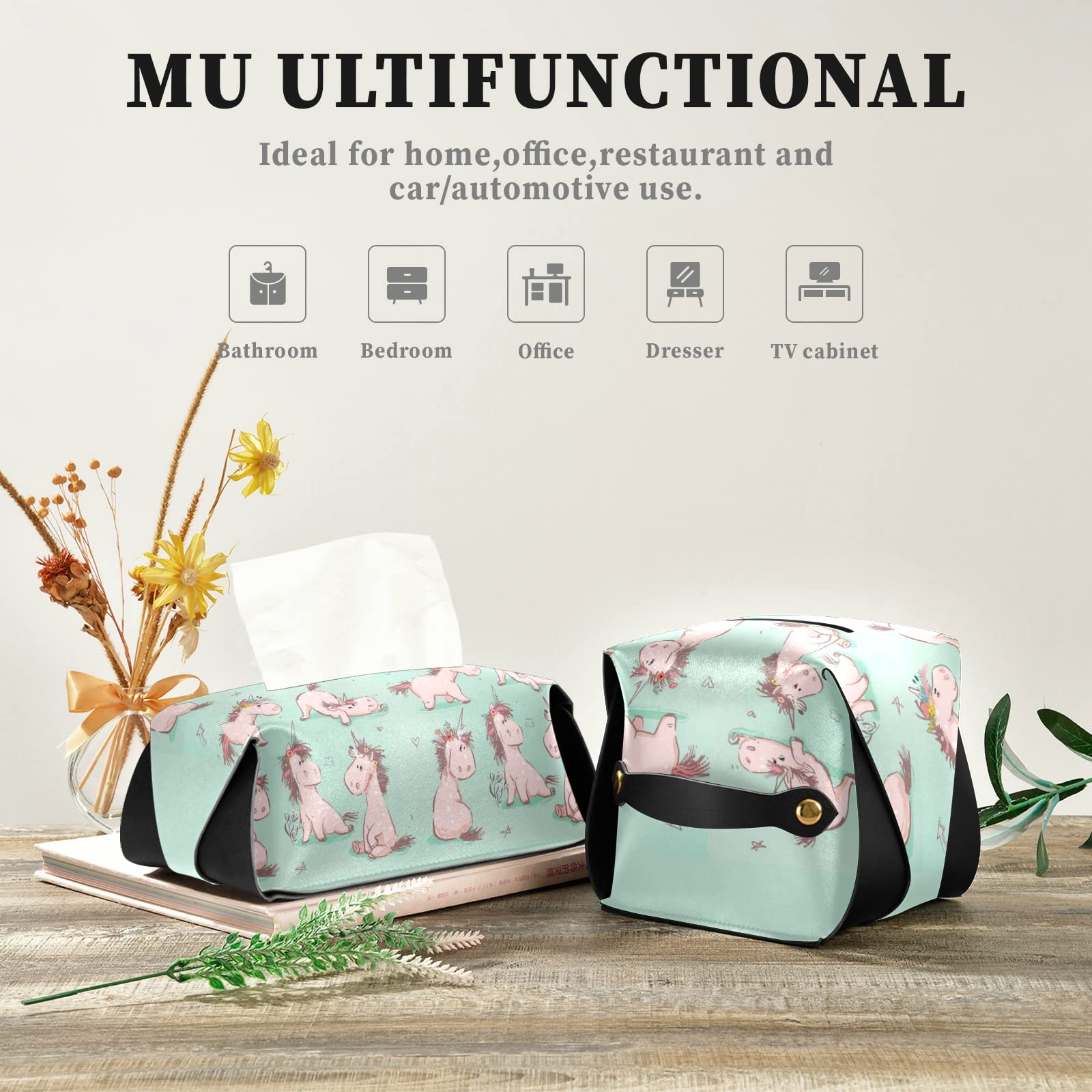 Seamless Cute Cartoon Pink Unicorn Tissue Box Cover – Turquoise Square Leather with Handle for Bathroom, Home, Office & Car (9.4x5.1x3.6 in) – Perfect for Nightstands, Vanity Countertops & Desk Decor