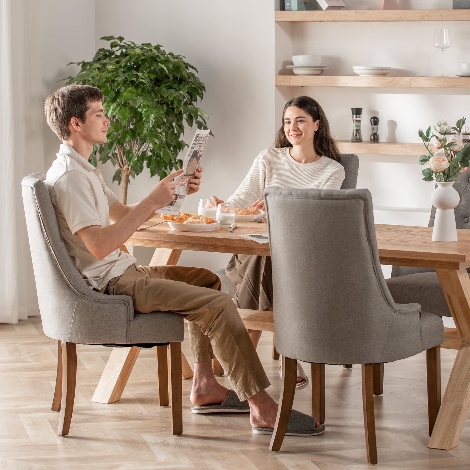 COLAMY Wingback Upholstered Dining Chairs Set of 2 - Tufted Fabric Side Chairs for Dining Room, Living Room & Kitchen - Light Grey Home Decor - Perfect for Family Meals & Entertaining Guests