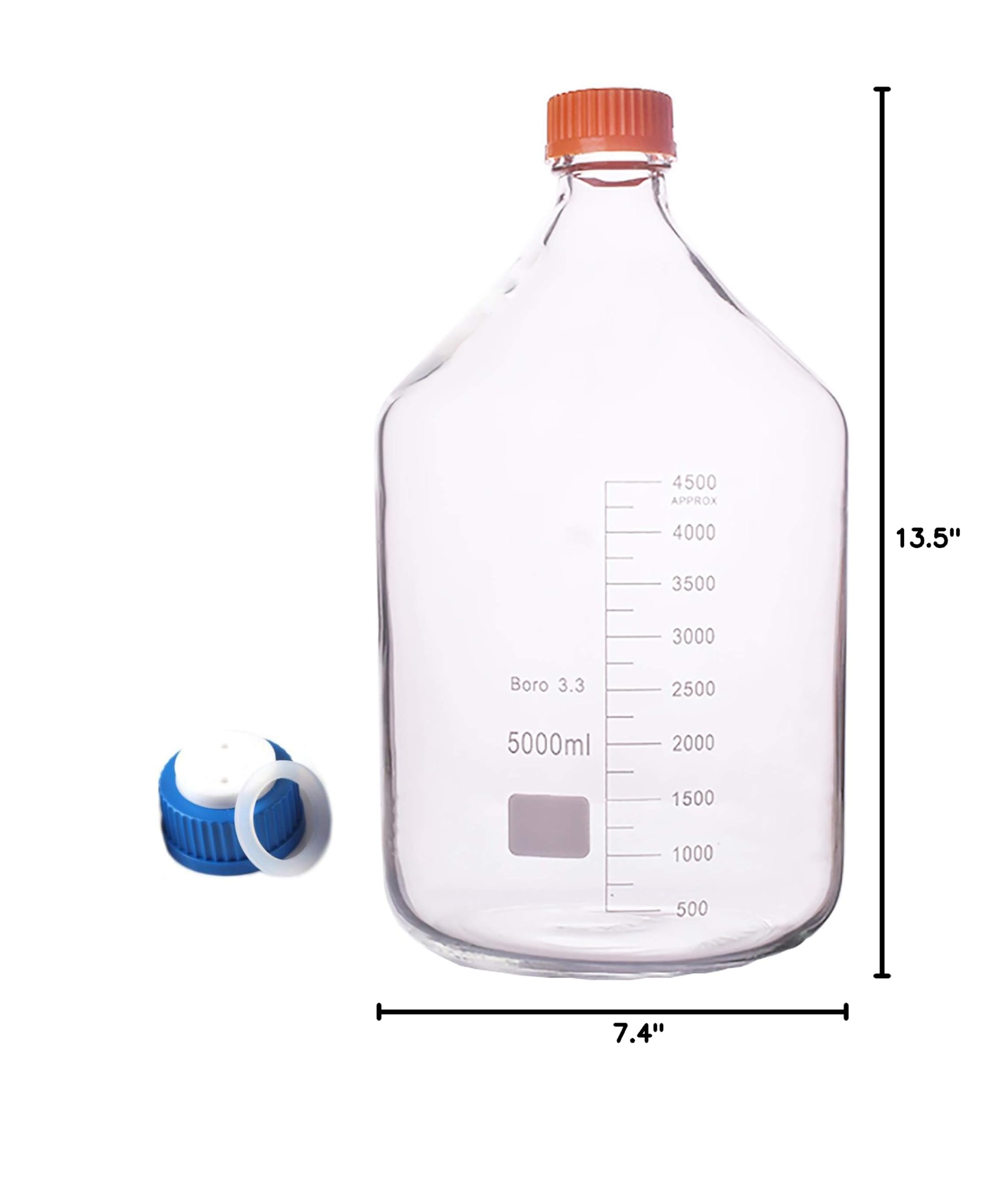 5L Borosilicate Glass Media Storage Bottle - 5000ml Round Reagent Bottle with GL45 2-Hole Mobile Phase Cap | Lab-Grade Chemical Solution Container for HPLC, Solvent Storage & Scientific Experiments