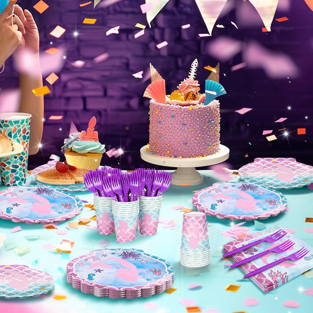 120-Piece Mermaid Party Supplies Set - Ocean Themed Birthday Plates, Napkins, Cups & Tableware for Girls | Baby Shower & Mermaid Birthday Party Decor | Serves 24 Guests | Perfect for Underwater-Themed Celebrations, Pool Parties & Kids' Events