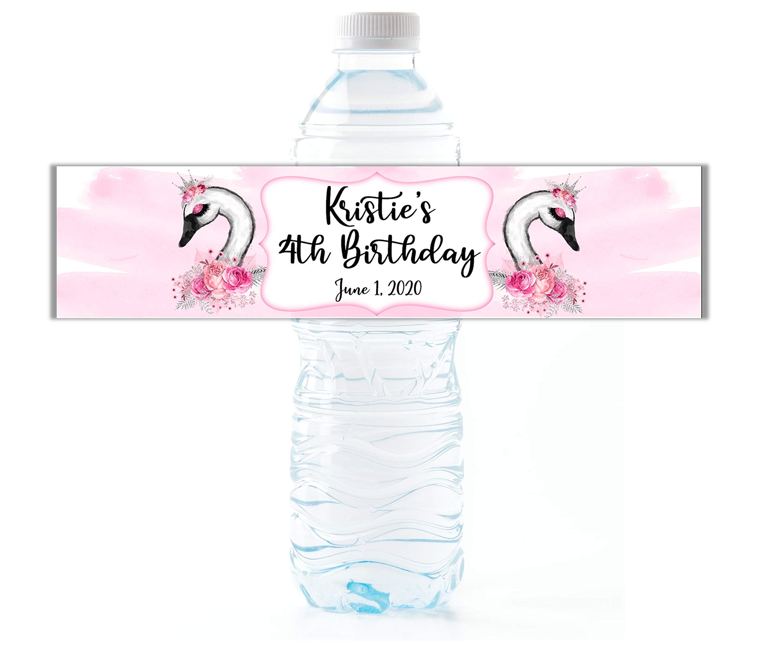 Personalized Swan Water Bottle Labels - 25 Pack Waterproof Peel & Stick Wrappers for Girls Birthday Party Favors, Baby Showers & School Events - Perfect for Custom Drink Bottles & Party Decorations